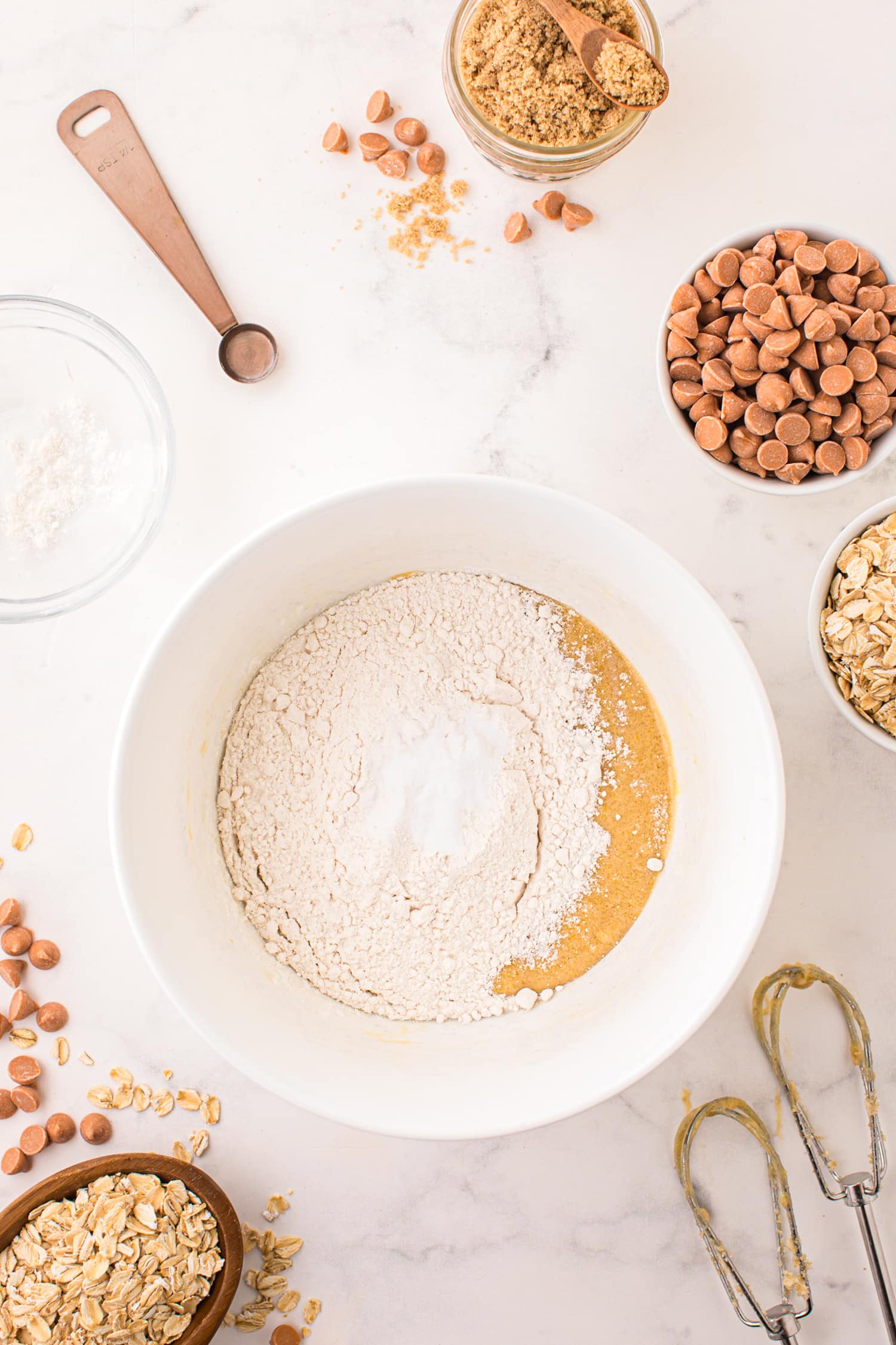 Mix in the flour and baking soda, stirring until combined.