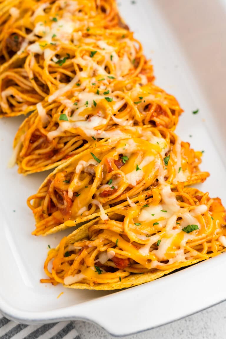 Spaghetti Tacos arranged on serving plate