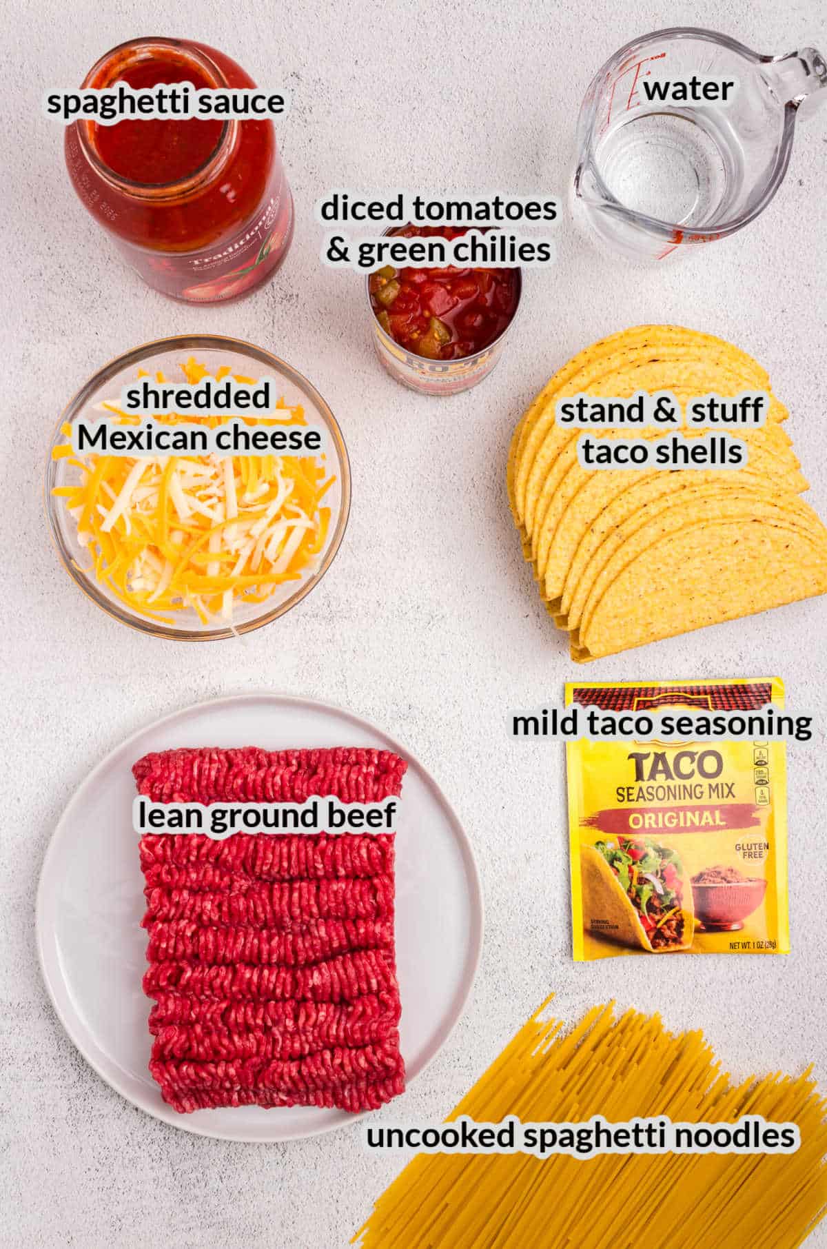 Overhead Image of Spaghetti Tacos Ingredients