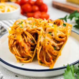 Closeup square image of Spaghetti Tacos