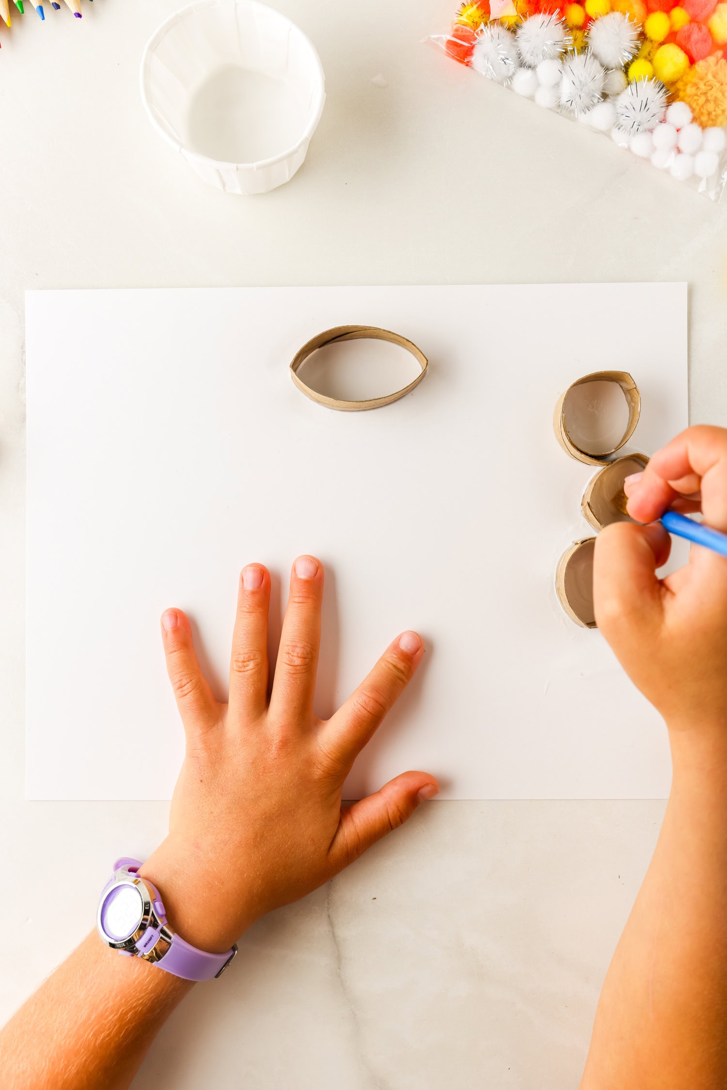 Creating the Butterfly Life Cycle Craft by painting glue inside of toilet paper tube
