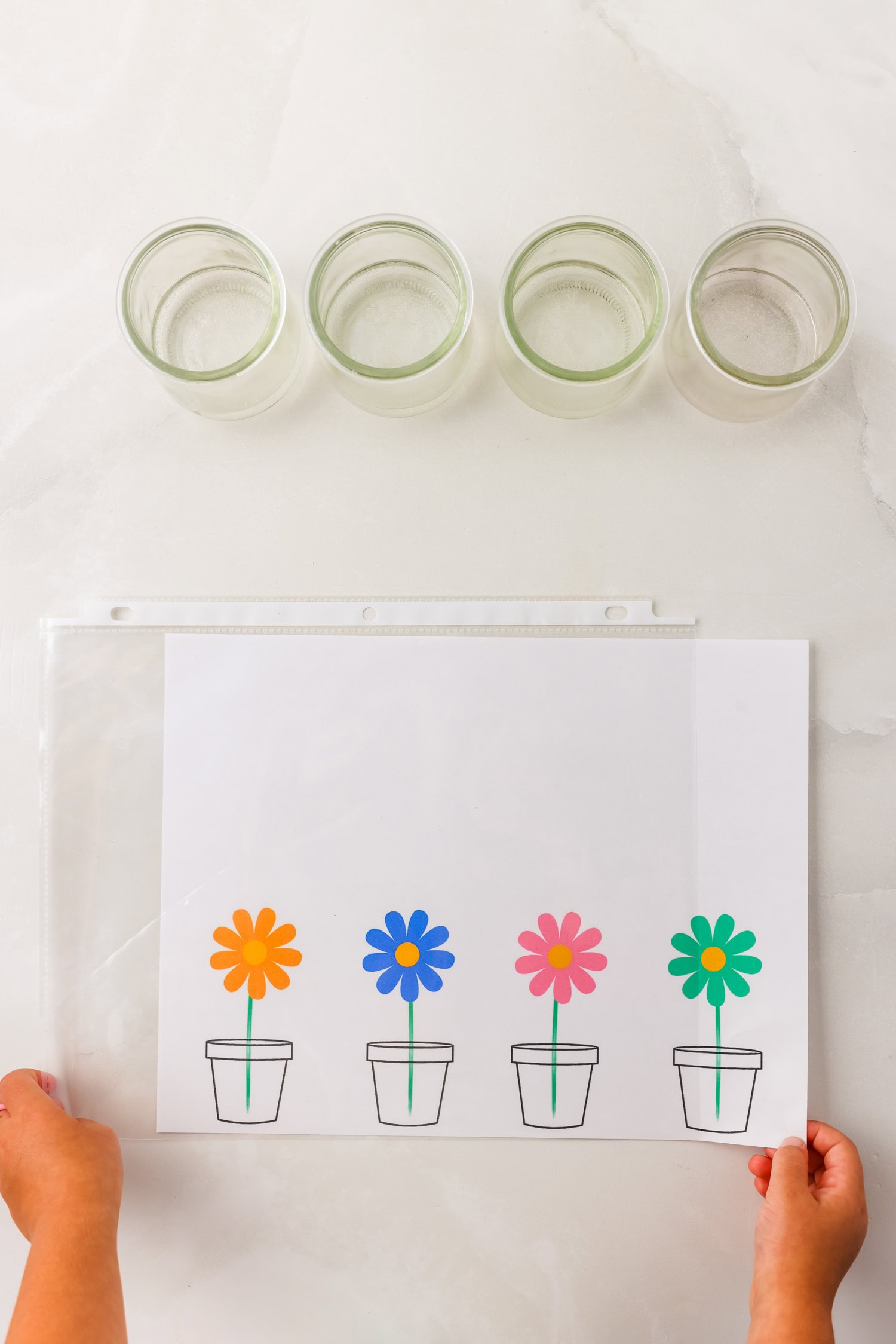 Sliding a printed activity page into a clear page protector with empty jars for Color Matching Activity