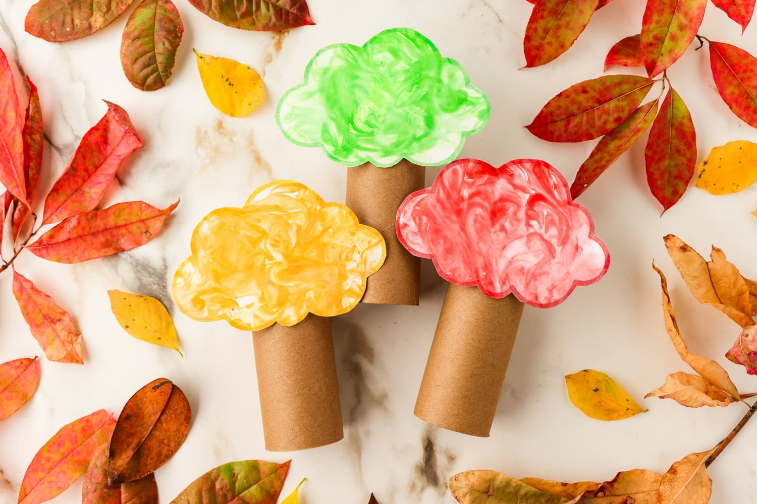 Finished Toilet Paper Roll Fall Tree Crafts arranged with varied colors surrounded with pressed fall leaves