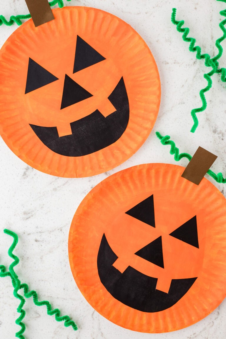 Finished Paper Plate Pumpkin Crafts arranged with extra pipe cleaner vines