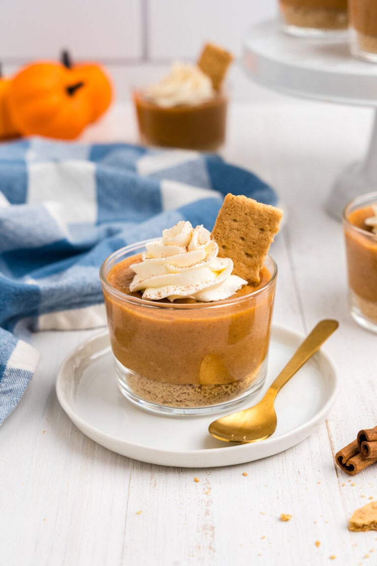 Pumpkin Pie in a Bag recipe in small glass serving cup with gold spoon