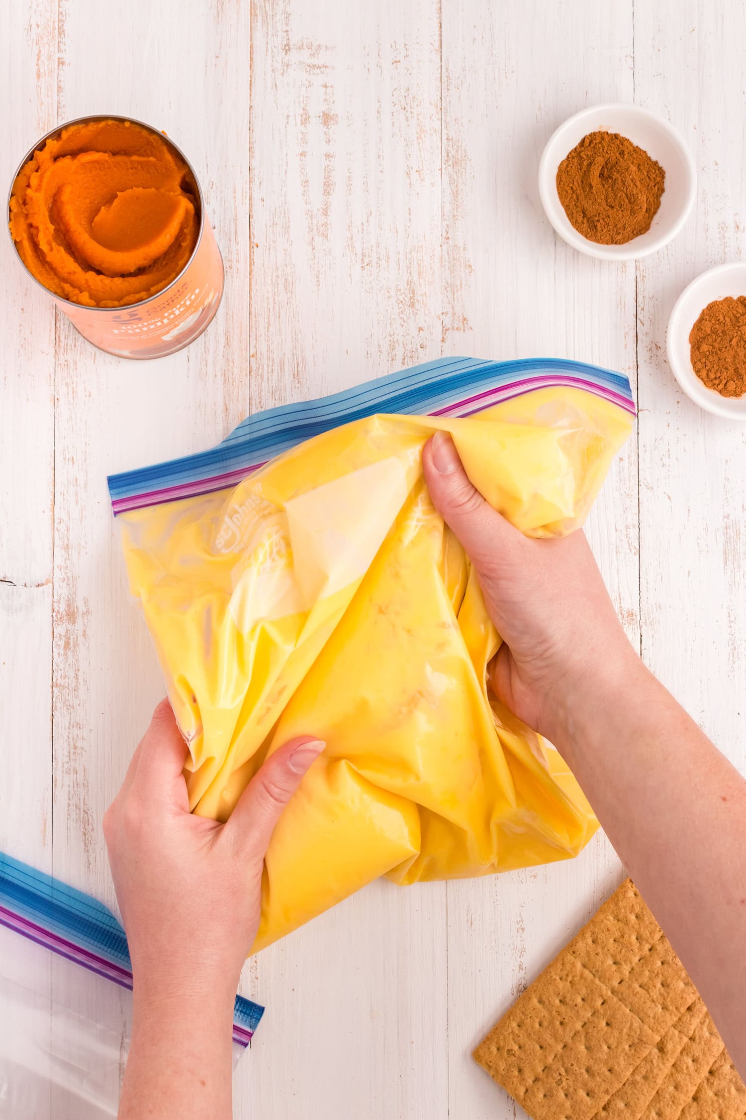 With the zip lock gallon bag secured shut, kneading ingredients with hands for the Pumpkin Pie in a Bag recipe