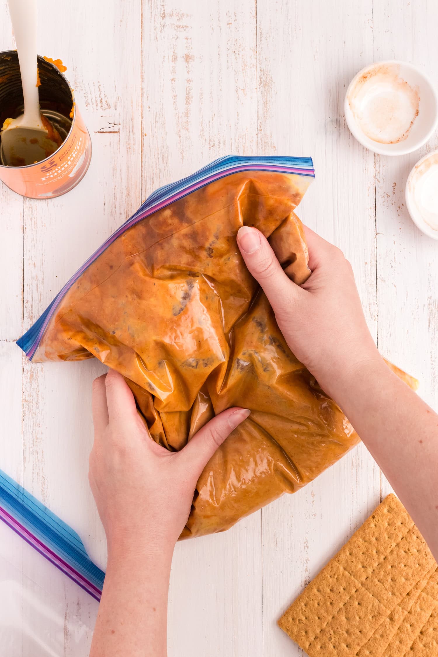 Kneading the spices into the The gallon zip lock opened to add the spices for the Pumpkin Pie in a Bag with the zip locks secured