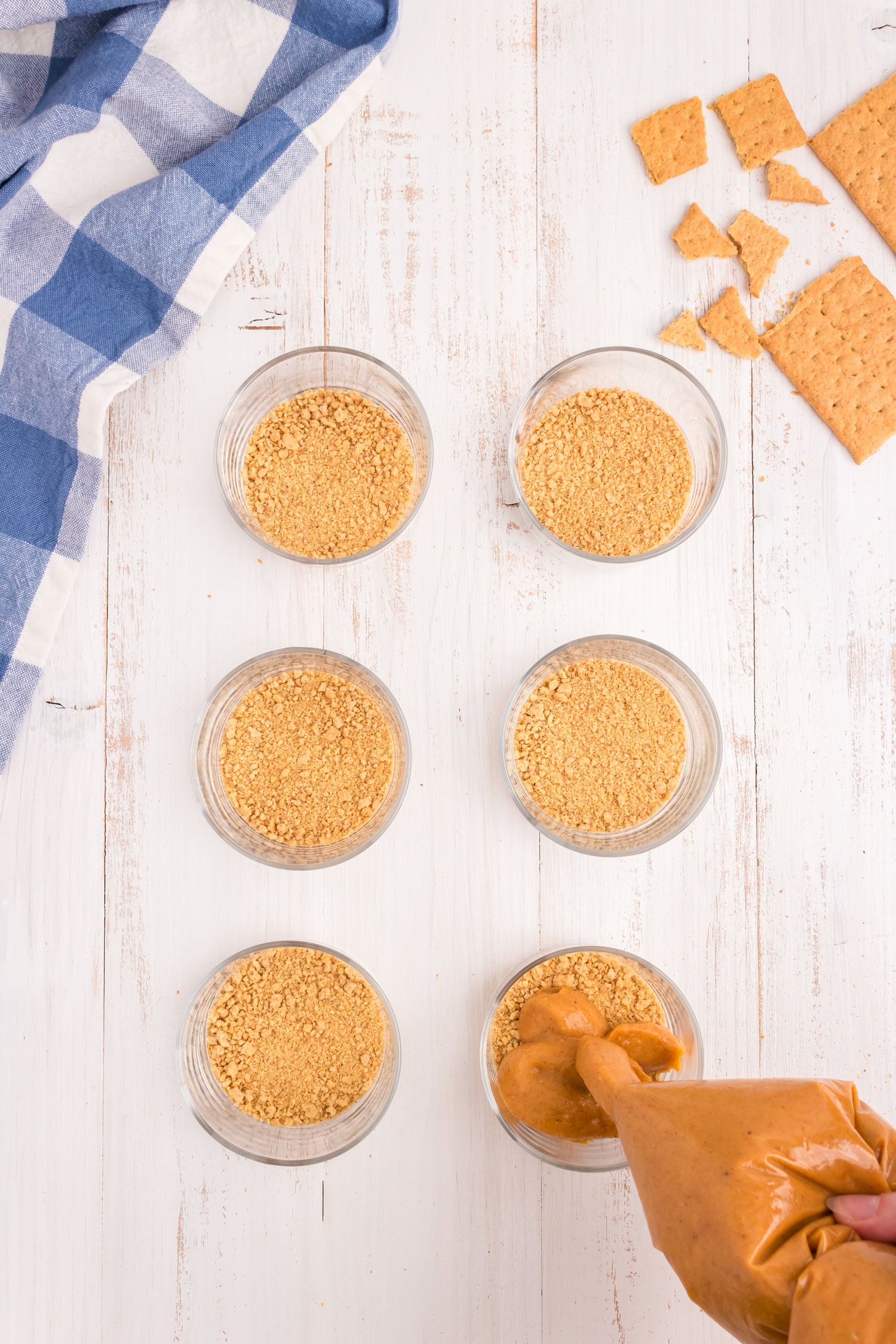 Crushed graham crackers in bottom of serving cups and piping in pumpkin mixture with slit cut in gallon bag for Pumpkin Pie in a Bag recipe