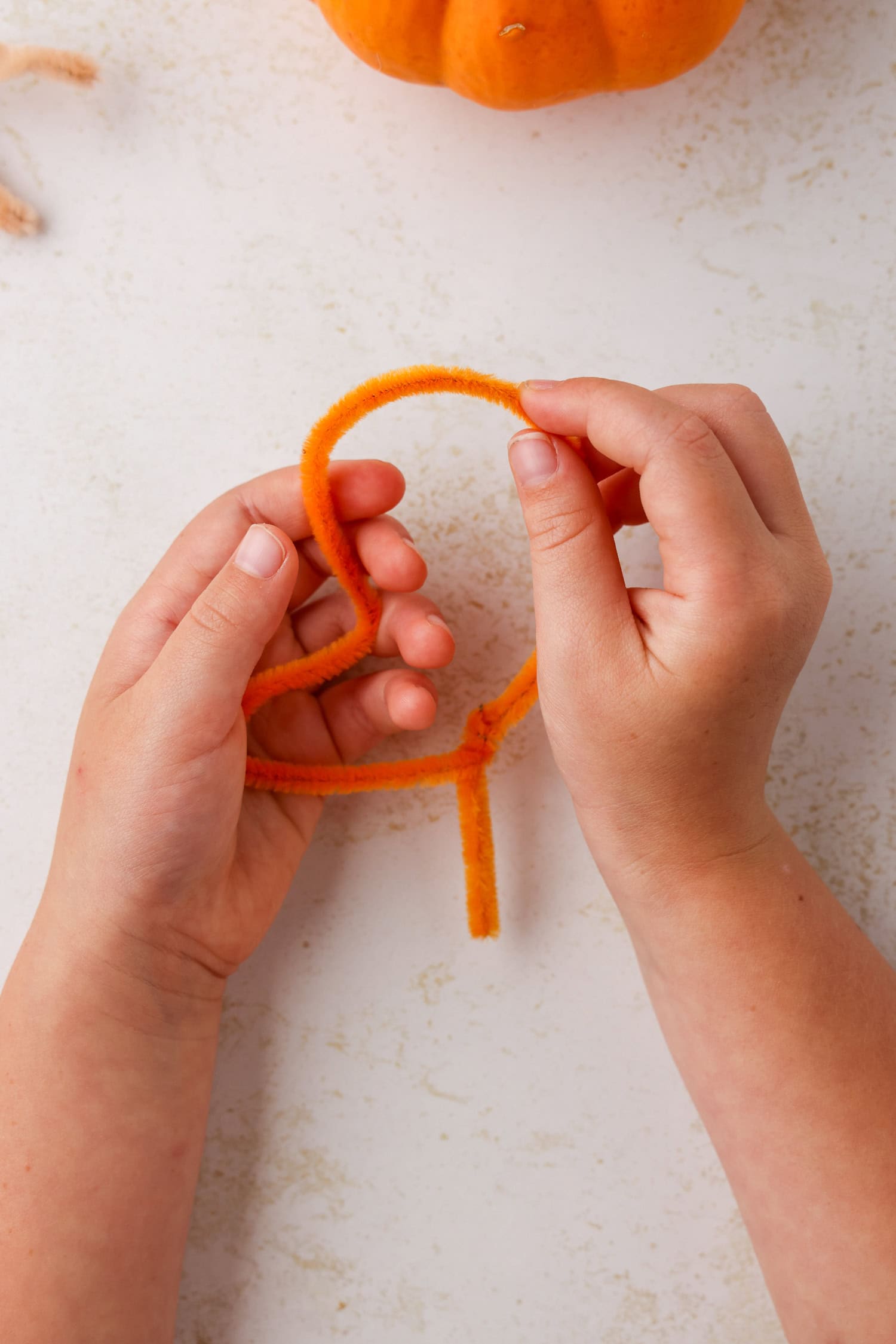 Press the left side of the pipe cleaner down towards the twisted part of the balloon to form a mitten shape. This will be the turkey&rsquo;s first toe for the Mini Pumpkin Turkey Craft