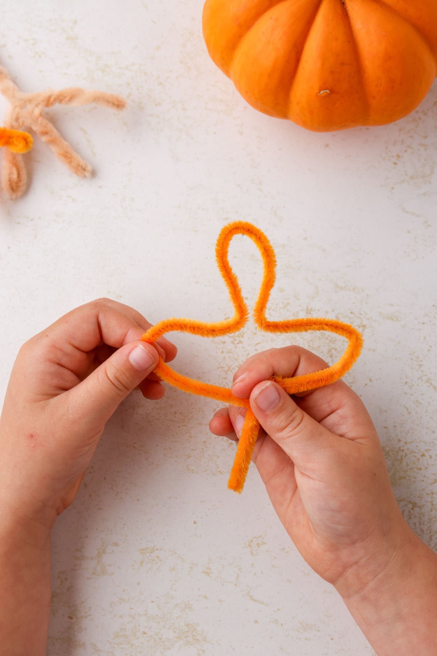 Press the left side of the pipe cleaner down towards the twisted part of the balloon to form a mitten shape. This will be the turkey&rsquo;s first toe for the Mini Pumpkin Turkey Craft