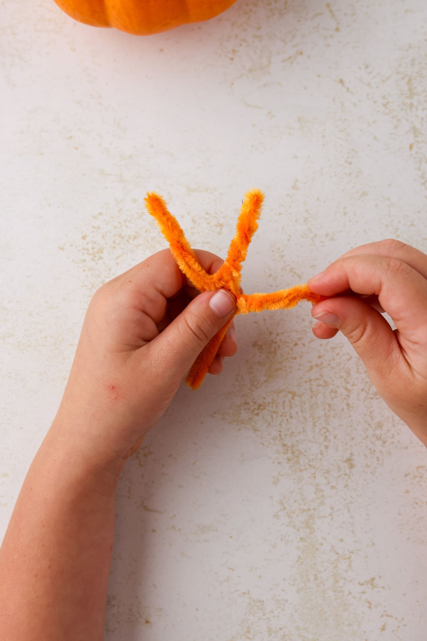 Twisting the pipe cleaners for the Mini Pumpkin Turkey Craft
