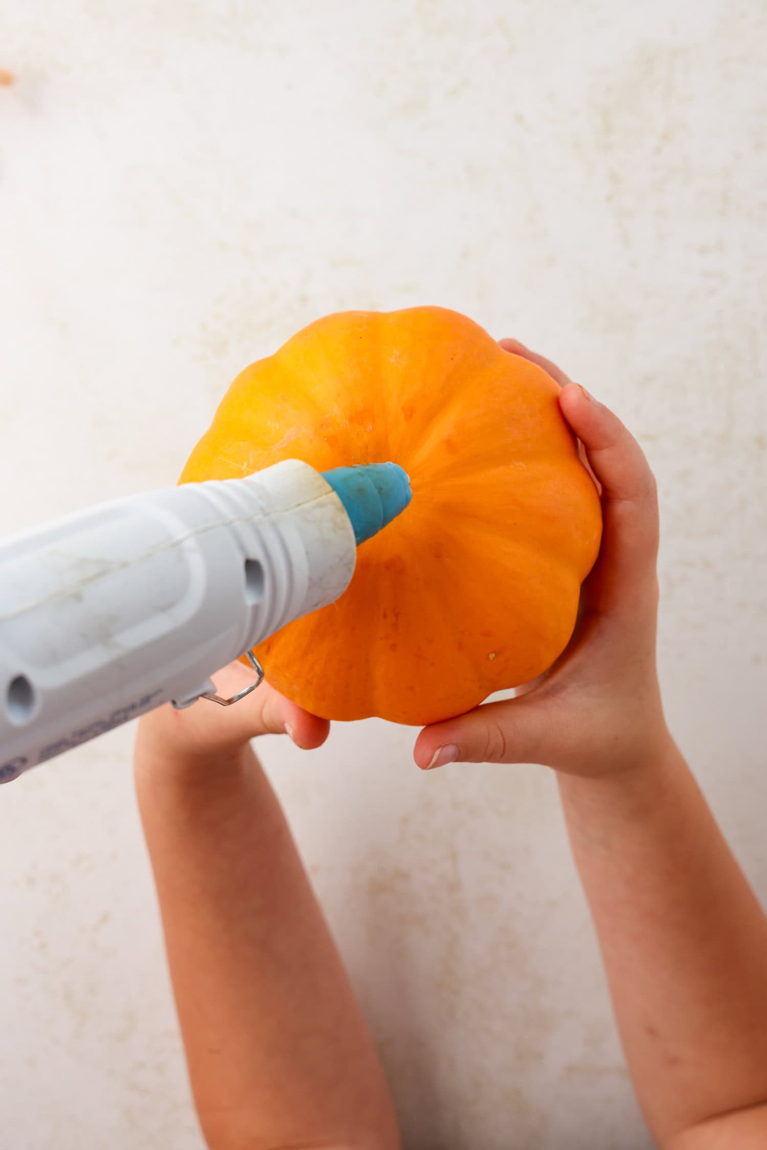 Use a little bit of hot glue to attach each foot to the bottom of the pumpkin for the Turkey Craft