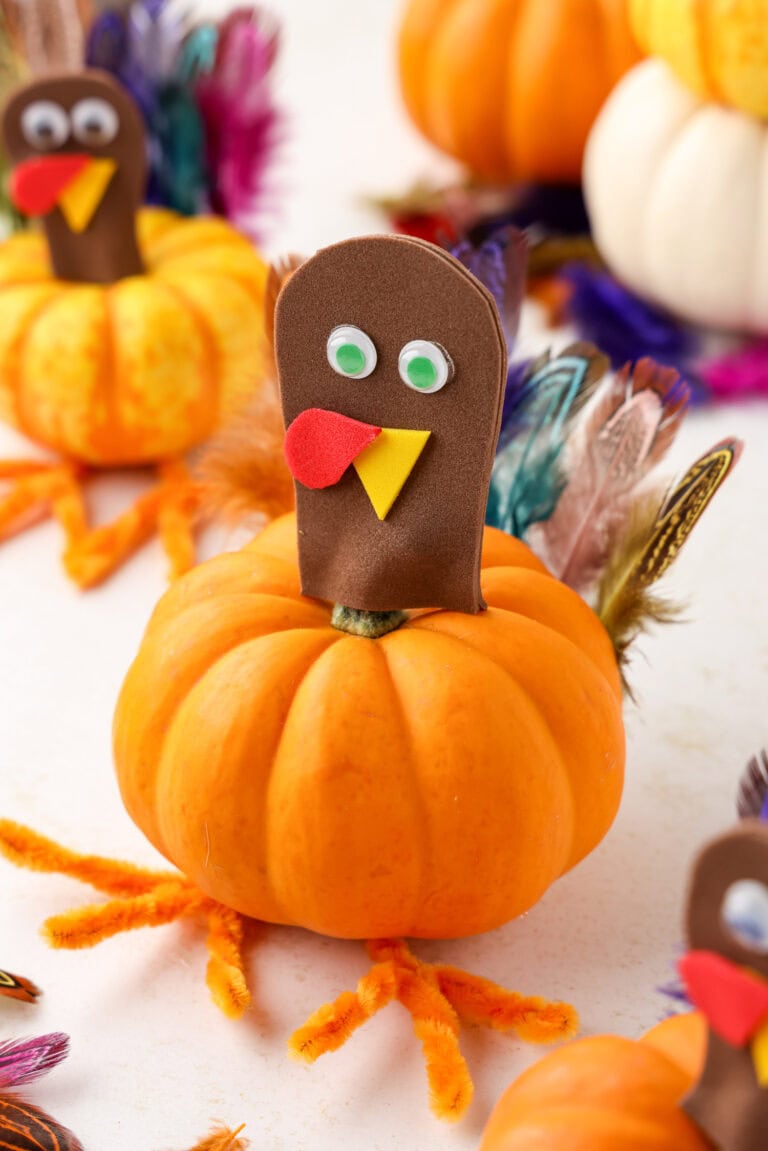 Mini Pumpkin Turkey Craft assembled with variations behind it