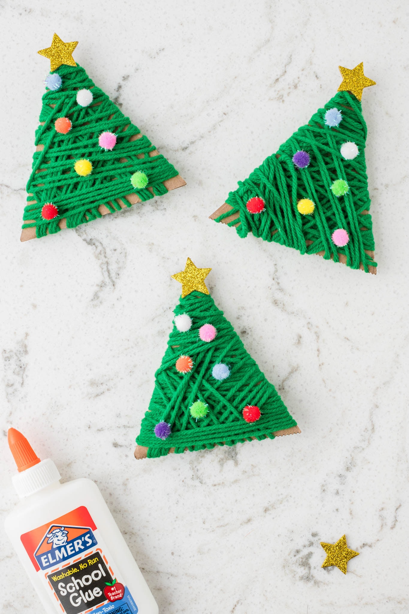 Overhead picture of completed Yarn Wrapped Christmas Trees.