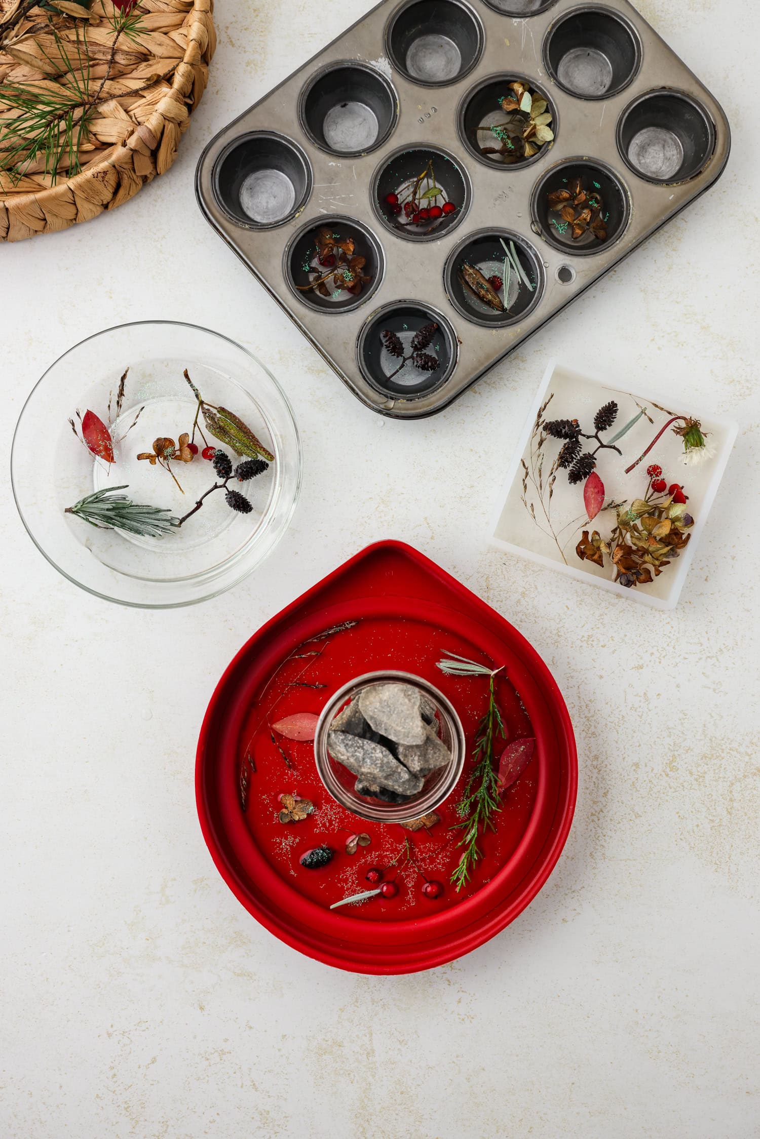 Overhead picture of 3 containers and a muffin tin with nature findings and water in them.