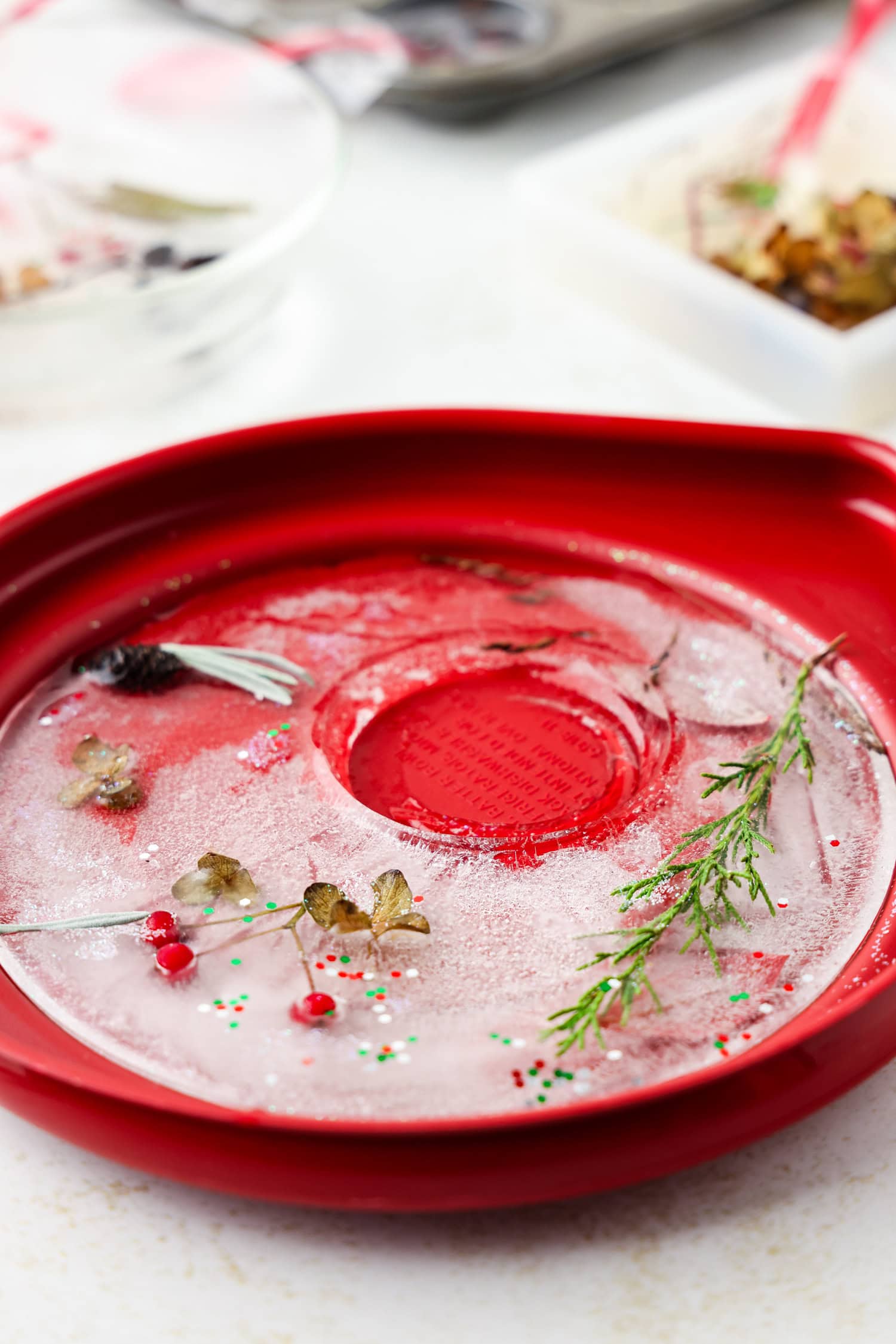 Side picture of completed circle shaped ice suncatcher still in the plastic lid.