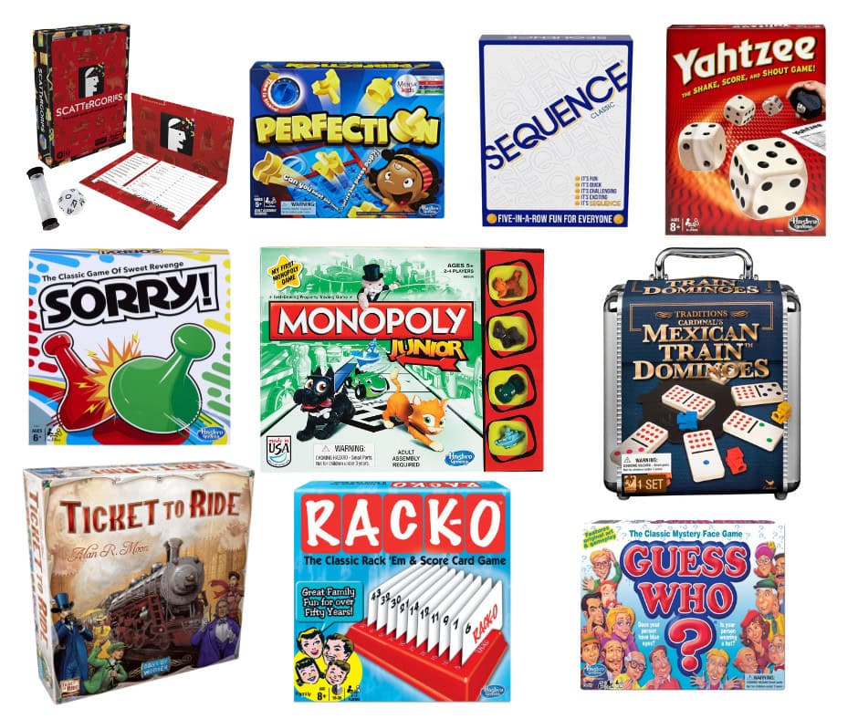 Picture collage of board games for school age kids.