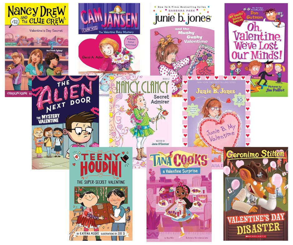 Collage of Valentines Day chapter books.