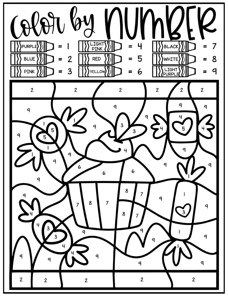 The image is a "Color by Number" coloring page featuring a cupcake surrounded by wrapped candies. The page includes a color key at the top, assigning colors to numbers as follows: Purple (1), Blue (2), Pink (3), Light Pink (4), Red (5), Yellow (6), Black (7), White (8), Light Purple (9). Each section of the illustration is marked with a number corresponding to a specific color. The cupcake has a striped wrapper, a fluffy top with icing, and a heart decoration. The wrapped candies have heart designs and are positioned around the cupcake. The background features abstract patterns and bold black outlines, creating a stained-glass effect and making it a structured and engaging coloring activity.