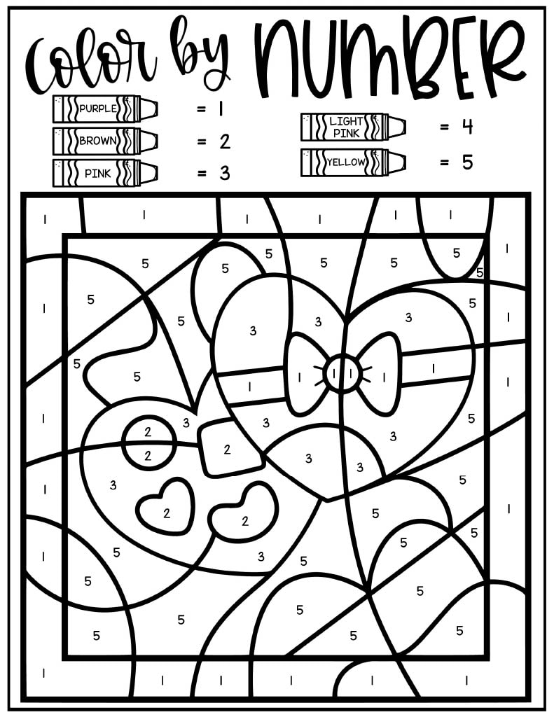 The image is a "Color by Number" coloring page featuring a heart-shaped box of chocolates. The page includes a color key at the top, assigning colors to numbers as follows: Purple (1), Brown (2), Pink (3), Light Pink (4), Yellow (5). The illustration consists of a large heart-shaped box with a bow, alongside an open box containing chocolates. Each section is marked with a number, guiding the user to fill in the corresponding colors. The bold black outlines create a stained-glass effect, making it an engaging and structured coloring activity. The background has abstract patterns, enhancing the decorative and festive look.
