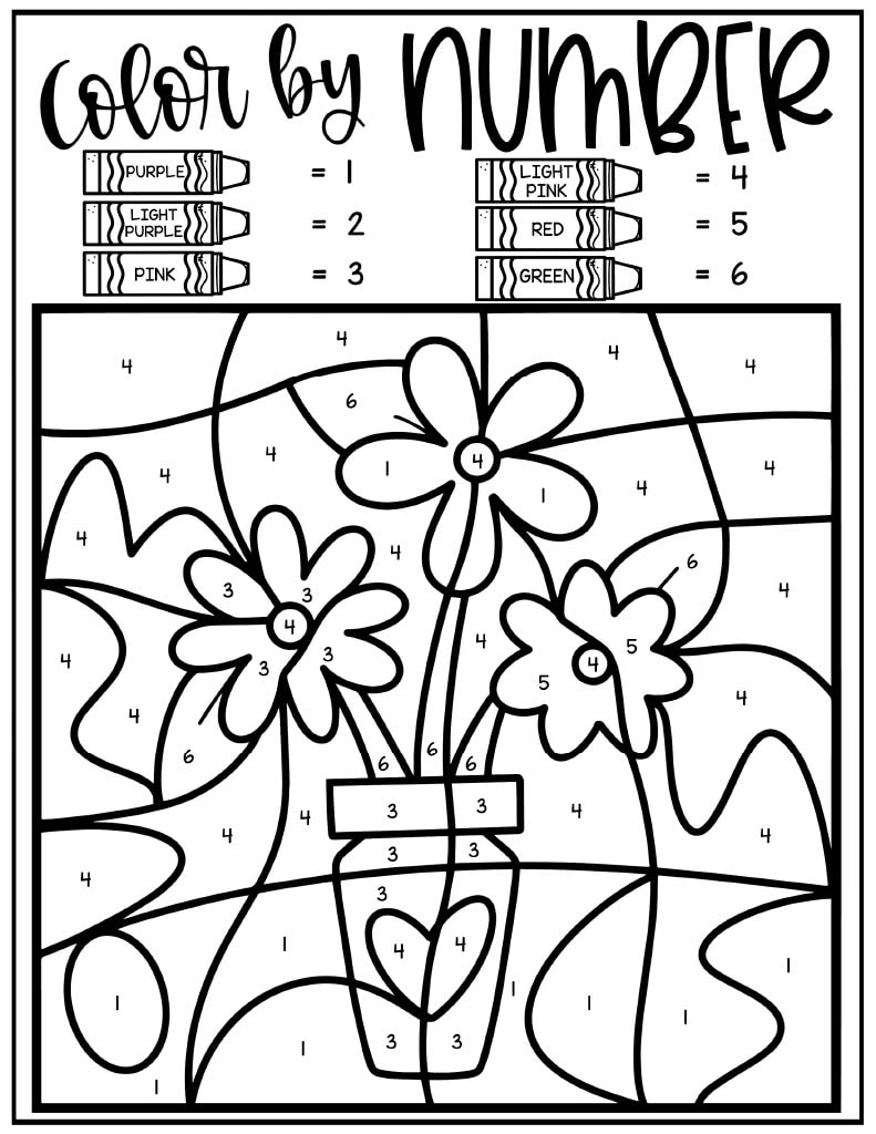 The image is a "Color by Number" coloring page featuring a vase with three flowers. The page includes a color key at the top, assigning colors to numbers as follows: Purple (1), Light Purple (2), Pink (3), Light Pink (4), Red (5), Green (6). Each section of the illustration is marked with a number, corresponding to the designated color. The flowers have bold outlines and are surrounded by abstract background elements, creating a mosaic-like pattern. The design is structured and engaging, making it a fun and artistic coloring activity.