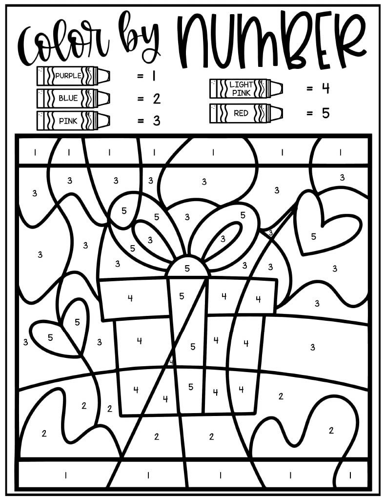 The image is a "Color by Number" coloring page featuring a wrapped gift box with a bow, surrounded by floating hearts. The page includes a color key at the top, assigning colors to numbers as follows: Purple (1), Blue (2), Pink (3), Light Pink (4), Red (5). The illustration is divided into various sections, each labeled with a number corresponding to a specific color. The bold black outlines create a stained-glass effect, making it an engaging and structured coloring activity. The background contains abstract patterns, enhancing the overall festive and decorative look.