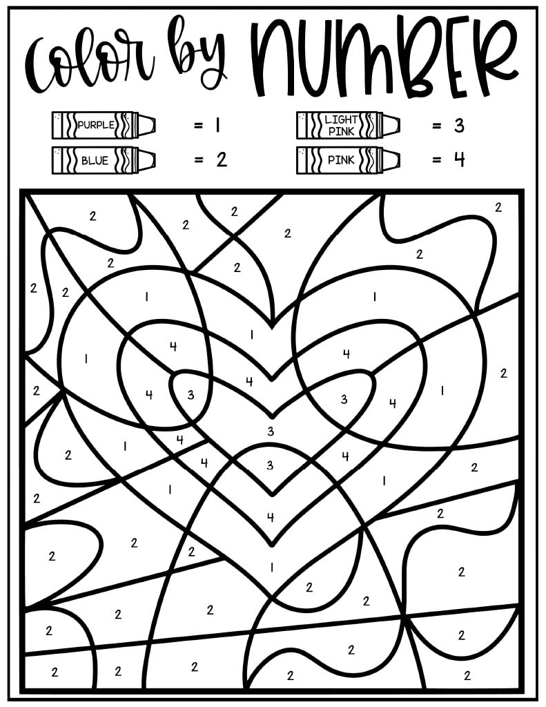 The image is a "Color by Number" coloring page featuring a heart design with a stained-glass effect. The page includes a color key at the top, assigning colors to numbers as follows: Purple (1), Blue (2), Light Pink (3), Pink (4).The illustration consists of a large heart shape with layered sections, surrounded by abstract lines that create a mosaic-like pattern. Each section is marked with a number, guiding the user to fill in the corresponding colors. The design is outlined with bold black lines, making it an engaging and structured coloring activity.