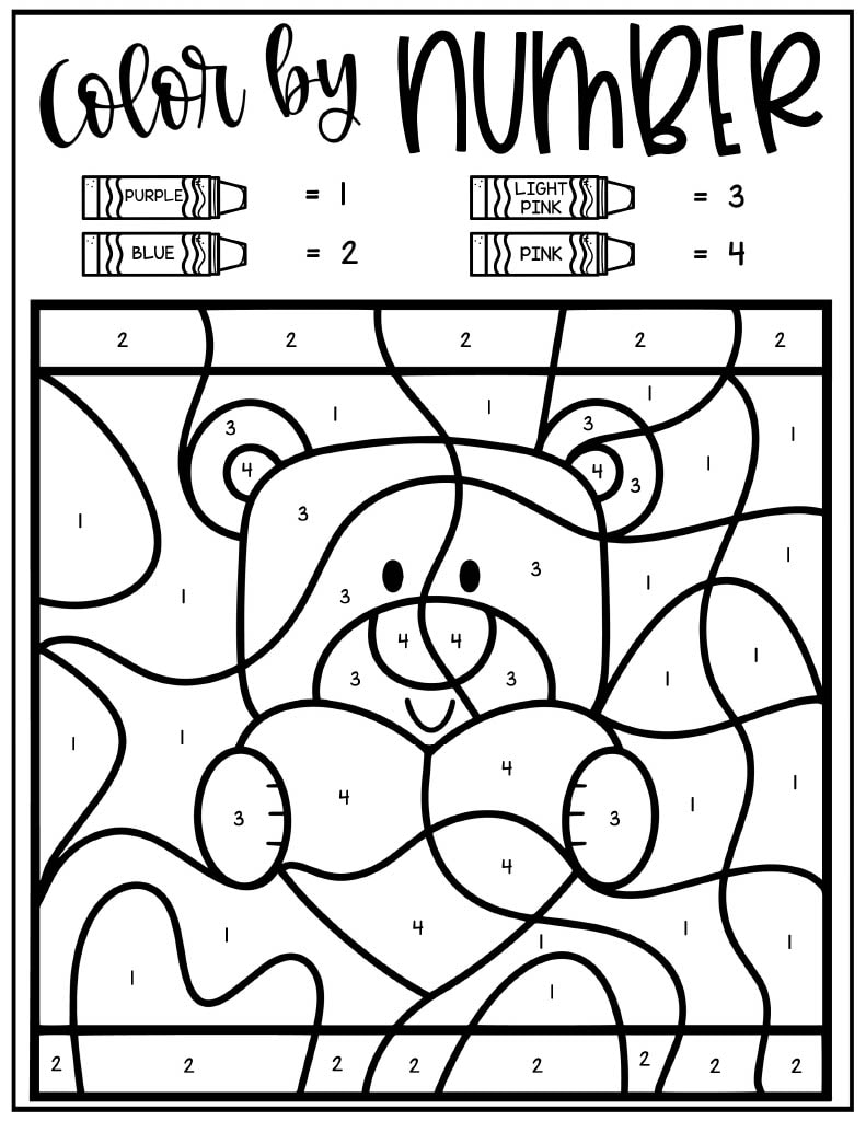 The image is a "Color by Number" coloring page featuring a teddy bear holding a heart. The page includes a key at the top indicating which colors correspond to which numbers: Purple (1),Blue (2), Light Pink (3), Pink (4). The illustration is divided into various sections, each marked with a number that corresponds to a specific color. The teddy bear has a friendly expression, and the background is decorated with abstract shapes. The design is outlined in bold black lines, creating a stained-glass effect.