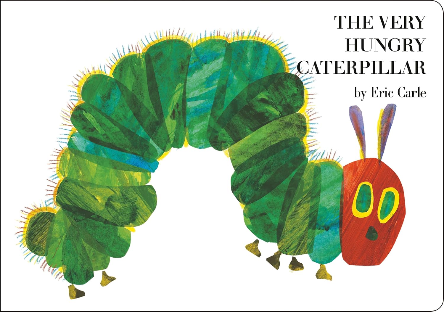 Cover of the children's book The Very Hungry Caterpillar by Eric Carle, featuring an illustration of a large, green caterpillar with a red head, yellow and blue eyes, and short legs, depicted in a collage-style illustration. The book title and author's name are displayed in black text on a white background.