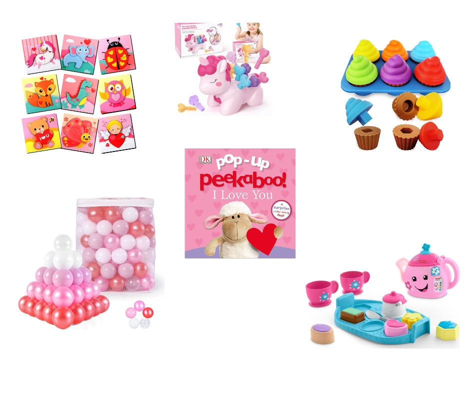 Collage of toddler age Valentines Day gifts.
