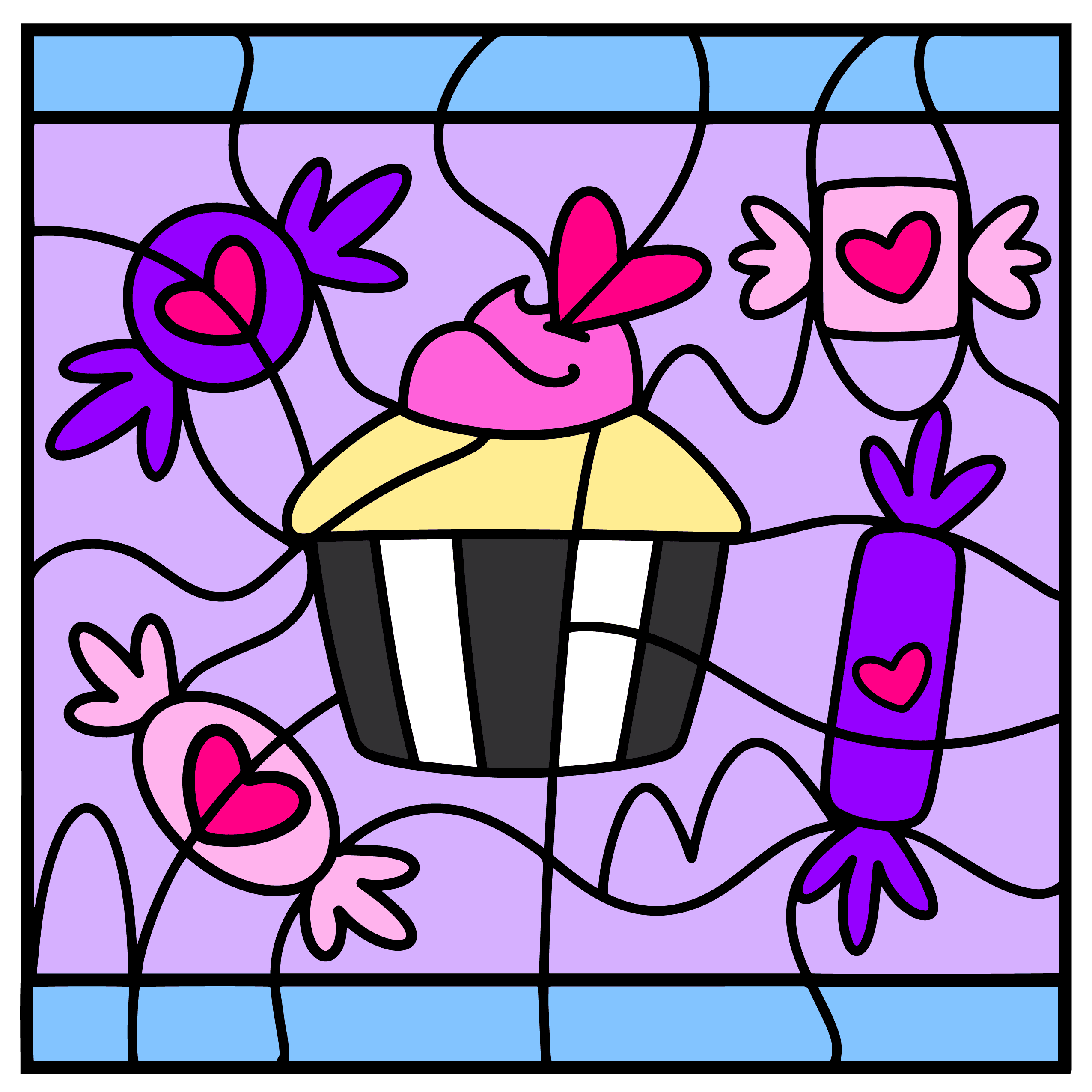 The image features a vibrant, stained-glass-style illustration of a cupcake surrounded by various wrapped candies. The cupcake has a black-and-white striped wrapper, a golden-yellow top, and pink frosting decorated with heart-shaped accents. The candies come in different shapes and colors, including purple and pink wrappers with heart designs. The background consists of soft purple and blue hues, with abstract black lines creating a mosaic effect. The overall design is playful, sweet, and colorful.