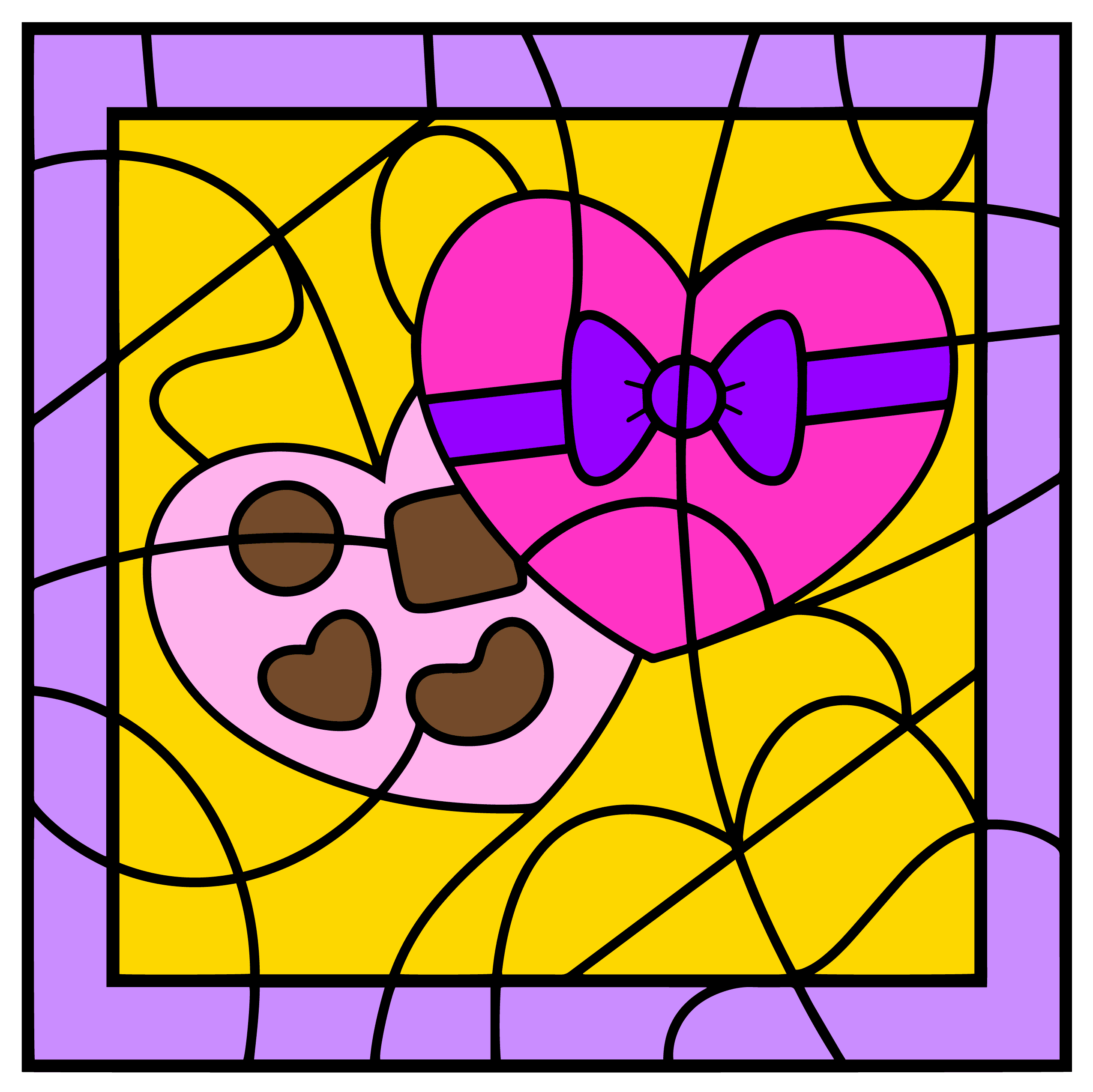 The image showcases a colorful, stained-glass-style illustration of a heart-shaped box of chocolates. One box is bright pink with a purple ribbon and bow, while the other is light pink and open, revealing heart-shaped and rectangular chocolates inside. The background is a warm yellow with a purple border, and abstract black lines create a mosaic effect. The overall design is vibrant, festive, and playful.
