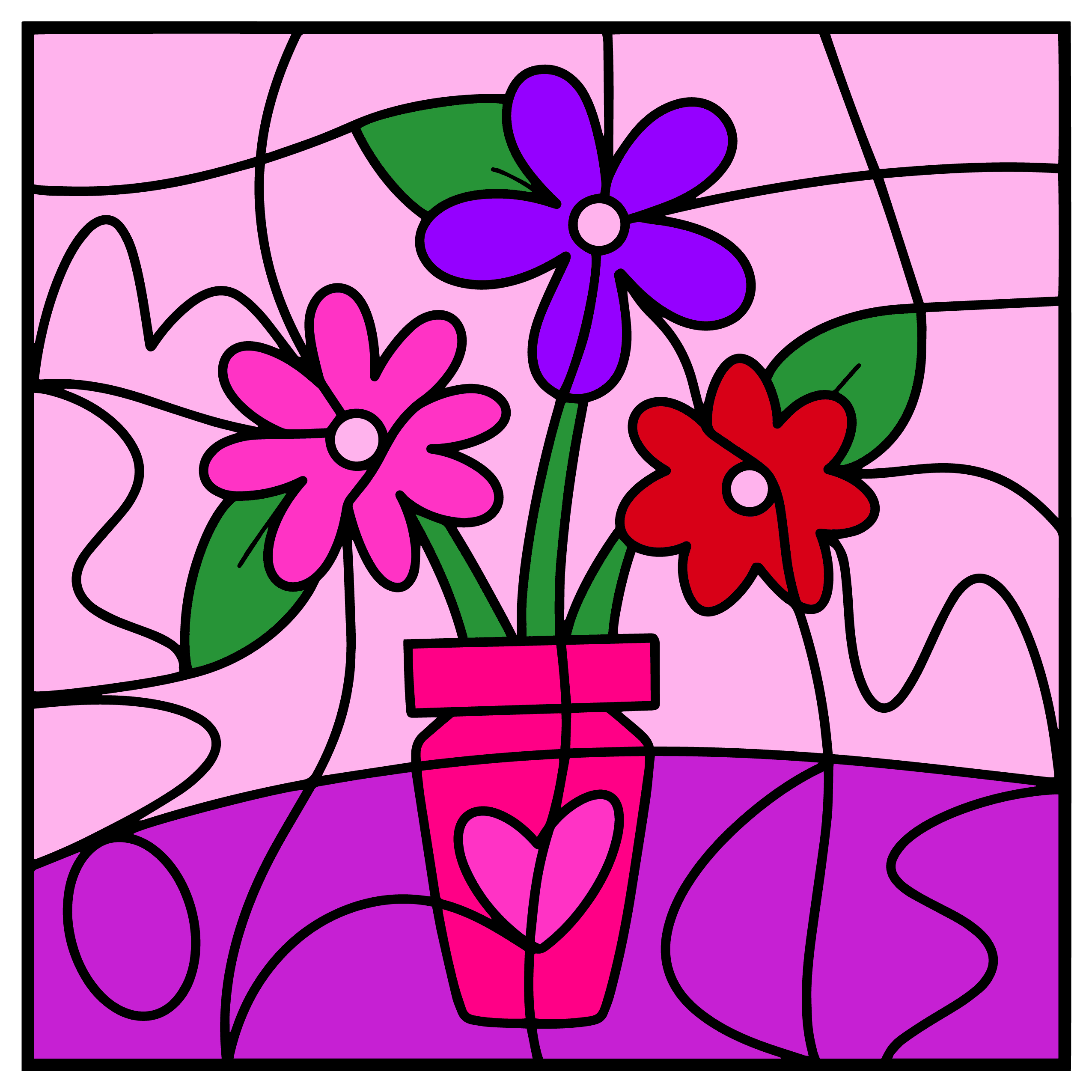 The image features a vibrant, stained-glass-style illustration of a bouquet of flowers in a decorative vase. The bouquet consists of three flowers in pink, purple, and red, each with green leaves. The vase is bright pink with a heart design on it. The background is composed of soft pink and purple hues with abstract black lines creating a mosaic effect. The overall design is colorful, cheerful, and artistic.