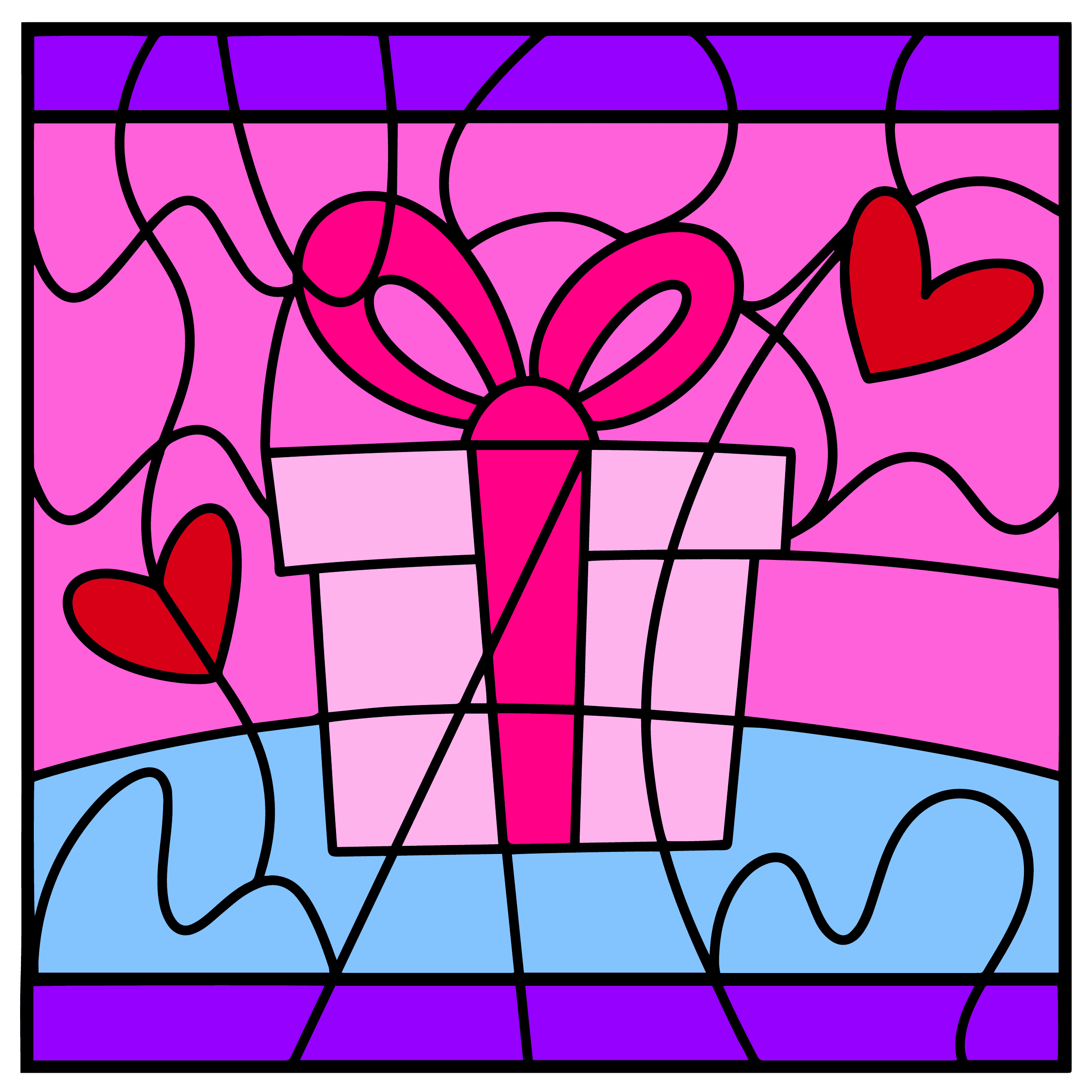 The image depicts a colorful, stained-glass-style illustration of a gift box wrapped with a bright pink ribbon and topped with a large bow. The box is light pink with darker pink accents. Surrounding the gift are floating red hearts, adding a festive and loving touch. The background consists of a pink and blue gradient with abstract black lines creating a mosaic-like effect. The overall design is vibrant, playful, and celebratory.