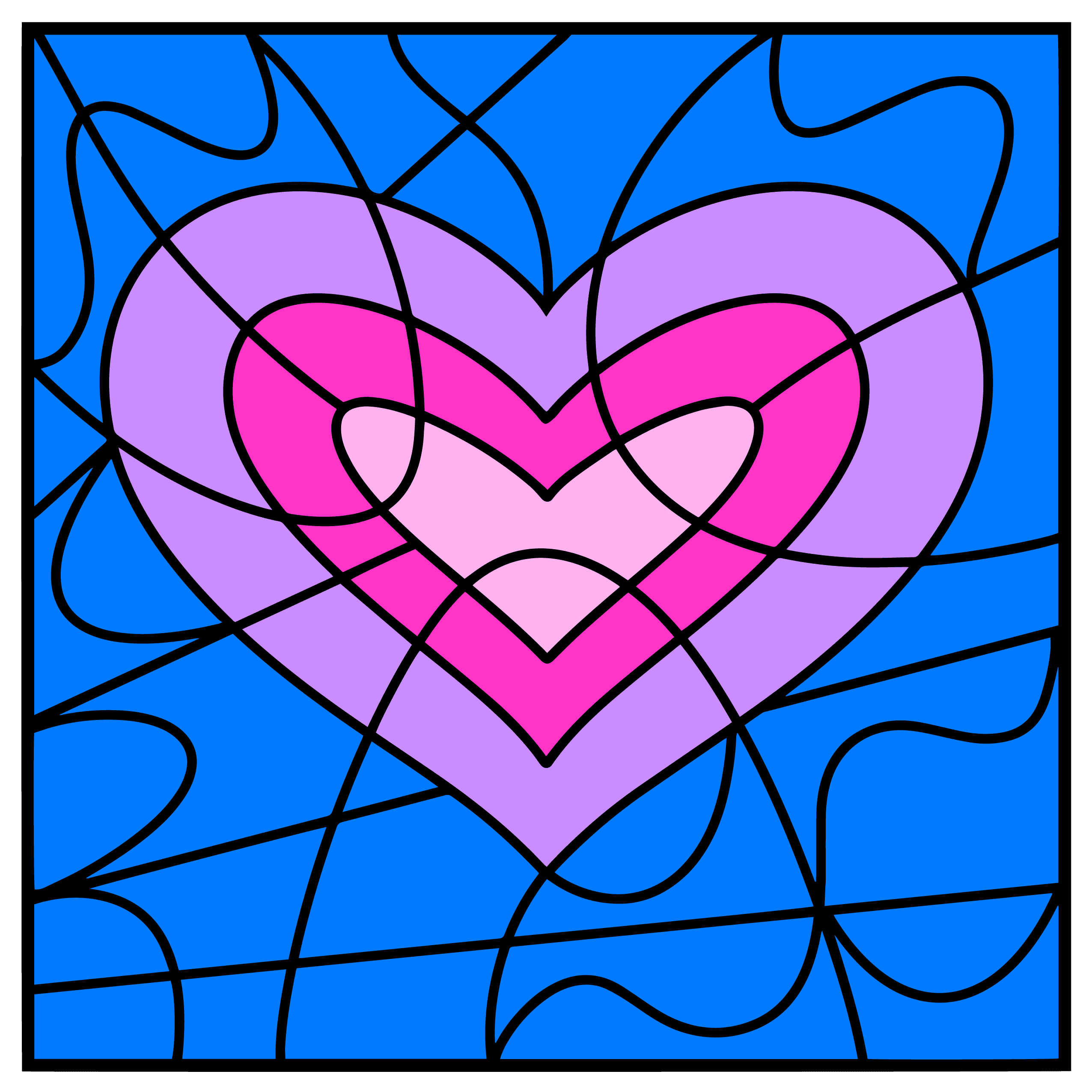 The image showcases a vibrant, stained-glass-style illustration of a layered heart. The heart consists of three concentric layers in different shades of pink and purple, set against a bright blue background. Abstract black lines overlay the image, creating a mosaic-like effect. The design is bold and colorful, evoking a playful and artistic aesthetic.