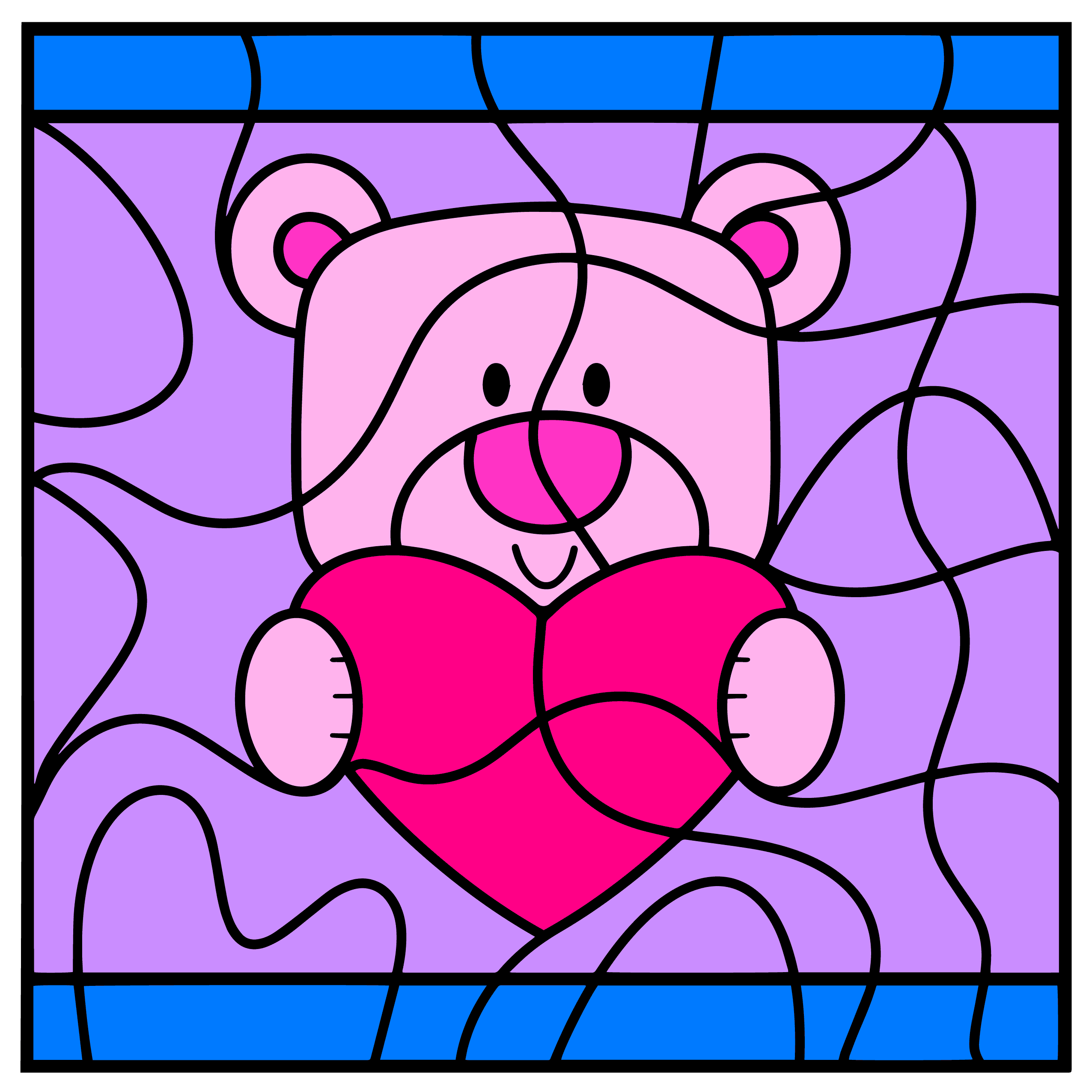 The image features a cute, cartoon-style teddy bear holding a bright pink heart. The teddy bear is pink with round ears and a cheerful expression, set against a purple background with abstract black lines creating a stained-glass effect. The top and bottom of the image have blue borders. The overall design is colorful and playful, with bold outlines and a whimsical aesthetic.