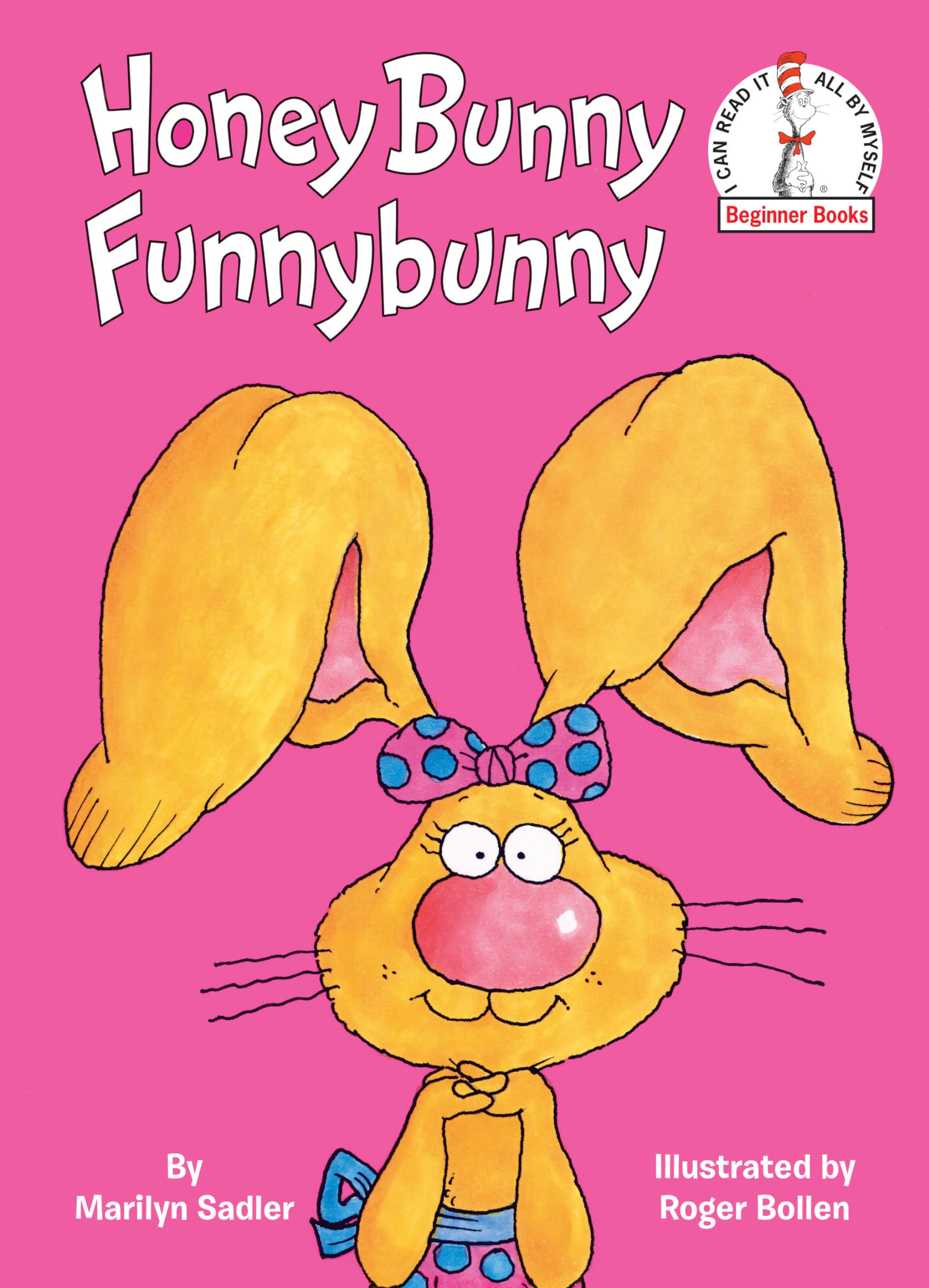 Cover of Honey Bunny Funnybunny by Marilyn Sadler, illustrated by Roger Bollen. The cover features a bright pink background with a cartoon bunny, Honey Bunny, wearing a blue polka-dotted bow on her head. She has large floppy ears, a big pink nose, and a playful expression. The "Beginner Books" logo with the Cat in the Hat is in the top right corner.