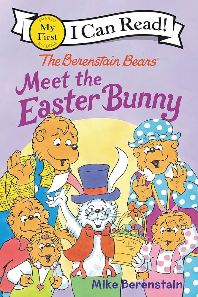 The cover of *The Berenstain Bears Meet the Easter Bunny* by Mike Berenstain features the beloved bear family joyfully interacting with a cheerful Easter Bunny dressed in a top hat, bow tie, and cape. The Bunny holds a basket full of colorful eggs while the cubs excitedly look on, set against a soft purple background. This festive *I Can Read!* book is part of the *My First Reading* series, making it perfect for young readers.