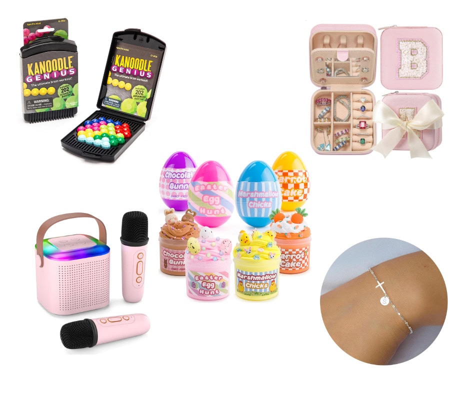 A collage of fun and stylish gift ideas, including: Kanoodle Genius Puzzle Game – A brain-teasing puzzle game in a compact black case, featuring colorful interconnected beads for challenging problem-solving activities. Personalized Jewelry Case – A pink travel-friendly jewelry box with compartments for rings, earrings, and necklaces, adorned with an initial letter "B" in pearls and finished with a satin bow. Slime Surprise Eggs – A set of colorful Easter egg containers labeled with fun themes like "Chocolate Bunny," "Easter Egg Hunt," "Marshmallow Chicks," and "Carrot Cake," each filled with fluffy, textured slime decorated with tiny charms. Bluetooth Karaoke Speaker with Microphones – A pastel pink portable speaker with a handle and LED lights, accompanied by two wireless microphones for singing and entertainment. Silver Cross Bracelet – A delicate silver bracelet featuring a small cross and an initial charm, displayed on a wrist for a minimalistic and elegant look. This selection combines brain games, fashion accessories, musical fun, and sensory play, making it a thoughtful and engaging gift set.