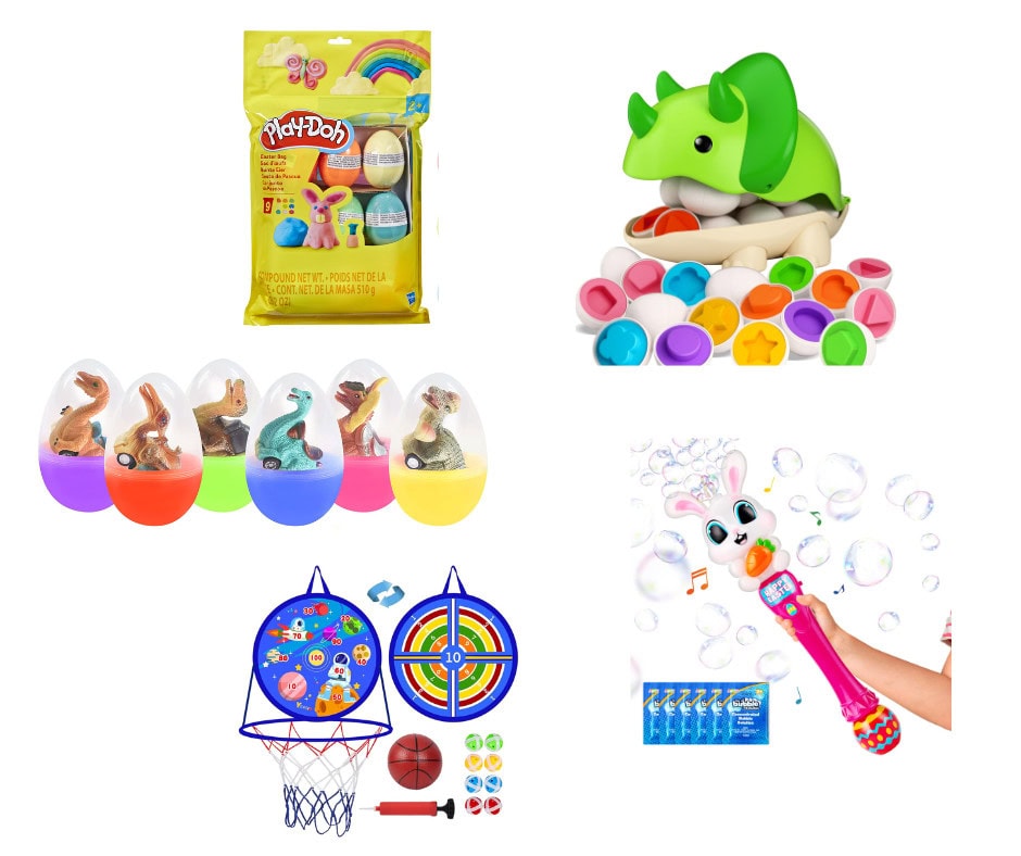 A collage of various colorful children's toys, including: Play-Doh Set – A package of multi-colored Play-Doh in a yellow bag with a rainbow design. Dinosaur Sorting Toy – A green triceratops-shaped toy with colorful sorting shapes scattered around it. Dinosaur Surprise Eggs – A set of plastic eggs with different small dinosaur figurines inside, each with a colorful base. Bubble Wand – A pink, bunny-shaped bubble wand with a child’s hand holding it, releasing bubbles into the air. A pack of bubble solution is included. Basketball and Target Game Set – A mini basketball hoop with a target game, a small basketball, suction darts, and a hand pump. Each toy is vibrant and designed for interactive play, making it a fun assortment for young children.