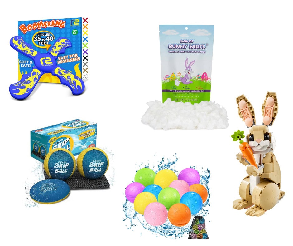 A collage of fun and playful Easter gift ideas, including: Boomerang Toy – A blue and yellow soft boomerang designed for kids, labeled as "easy for beginners" with a range of 35 to 40 feet. Bunny Farts Cotton Candy – A whimsical bag of vanilla-flavored cotton candy with a pastel-colored bunny design on the packaging, humorously named "Bunny Farts." Water Skip Balls Set – A set of blue and yellow water skip balls, designed for bouncing on water surfaces, packaged in a blue box labeled "Ultimate Skip Ball." Reusable Water Balloons – A collection of colorful, eco-friendly reusable water balloons designed for splash play, shown with water splashes around them. Bunny Building Block Set – A detailed, brick-style model of a bunny holding a carrot, made from beige, brown, and pink-colored building blocks, resembling a LEGO-style construction. This collection features a mix of outdoor, sensory, and creative play, making it a fun and unique Easter basket assortment.