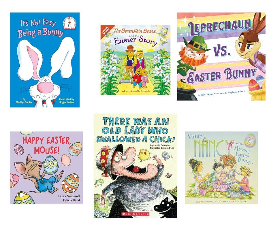 It's Not Easy Being a Bunny - A children's book featuring a bunny who doesn't want to be a bunny anymore. The Berenstain Bears and the Easter Story - A book teaching kids about the meaning of Easter. Leprechaun vs. Easter Bunny - A fun holiday mash-up where Easter and St. Patrick’s Day compete. Happy Easter, Mouse! - A festive book about Mouse celebrating Easter with colorful eggs. There Was an Old Lady Who Swallowed a Chick! - A humorous rhyming story about an old lady swallowing Easter items. Fancy Nancy and the Missing Easter Bunny - Fancy Nancy and friends search for a missing bunny during Easter.