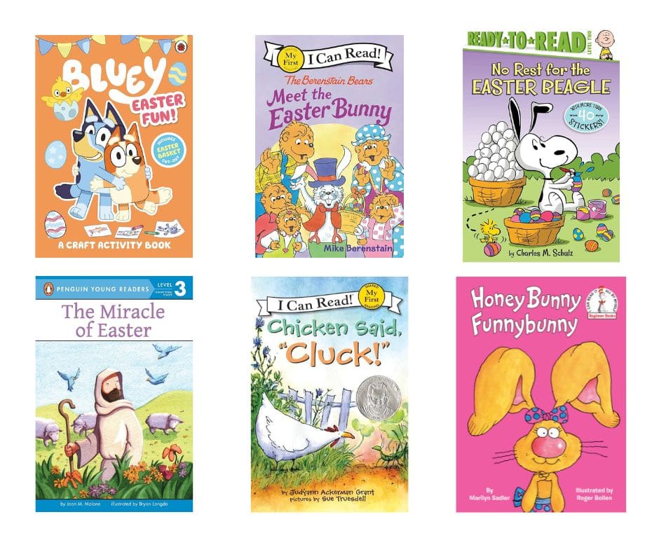 Bluey: Easter Fun! - A craft activity book featuring Bluey and Bingo celebrating Easter. The Berenstain Bears Meet the Easter Bunny - The bear family meets the Easter Bunny in this fun story. No Rest for the Easter Beagle - Snoopy takes on Easter egg duties in this Peanuts book. The Miracle of Easter - A beginner-friendly book explaining the Easter story from the Bible. Chicken Said, "Cluck!" - A simple, fun book about a chicken and its unexpected role in a farm adventure. Honey Bunny Funnybunny - A sibling rivalry story about Honey Bunny and her mischievous brother.