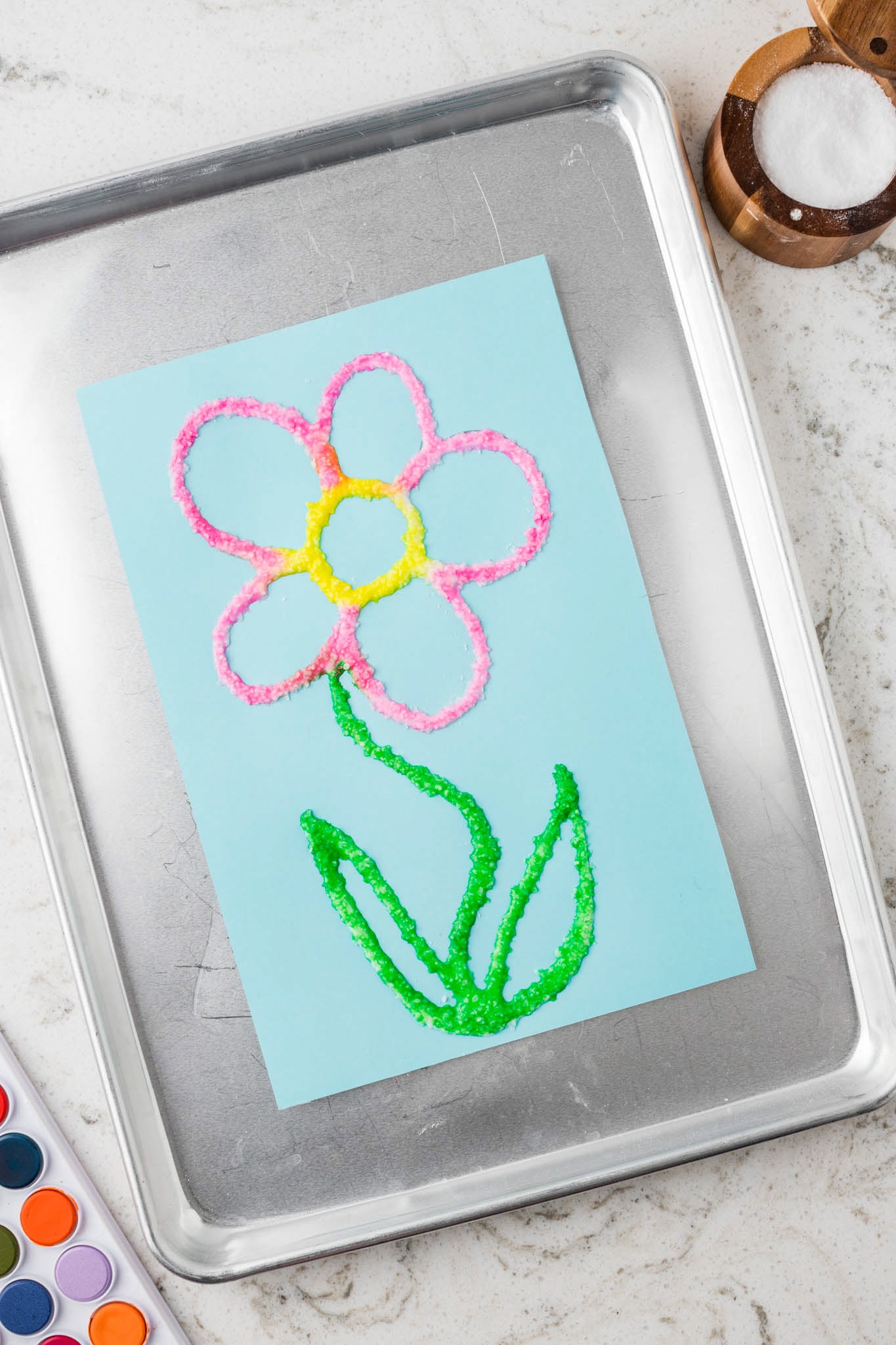 The flower is fully painted, with pink petals, a yellow center, and a green stem and leaves, showing a completed salt painting project.