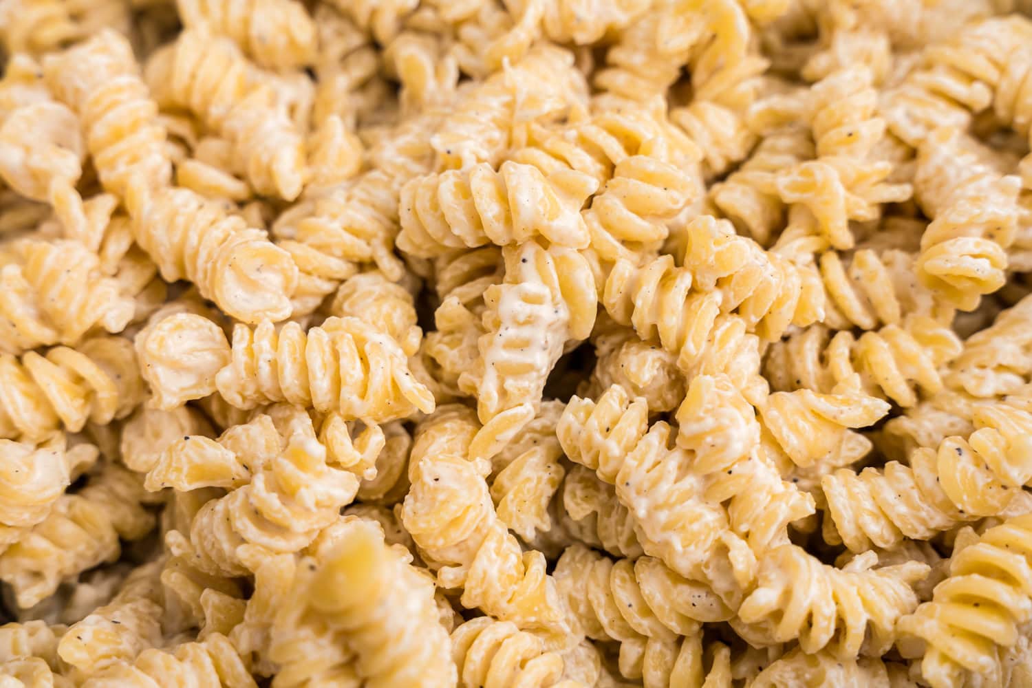 Extreme close-up of rotini pasta coated in a creamy, seasoned cheese sauce, highlighting the texture and richness of the dish.