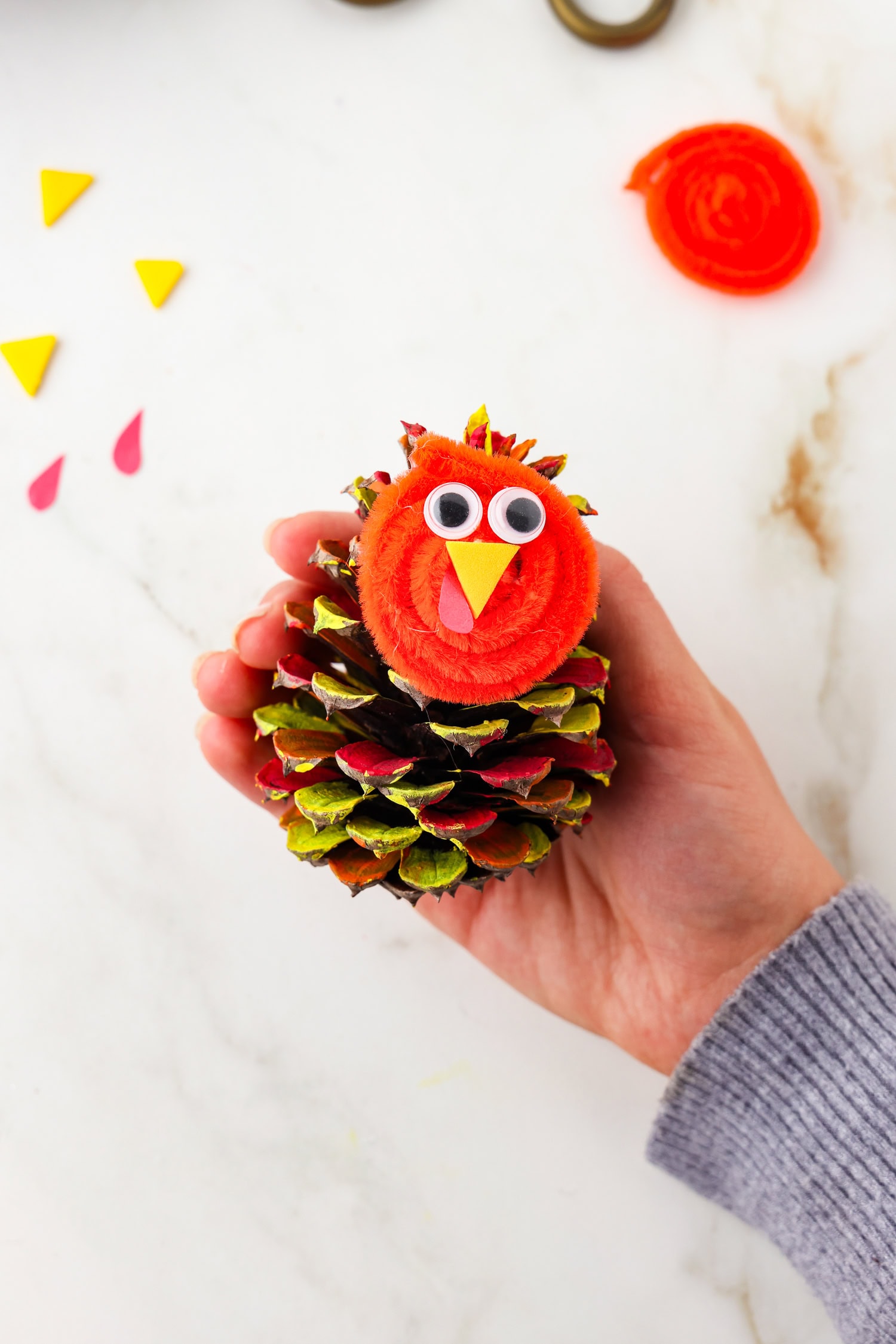 Picture of hand holding pinecone turkey with face glued on.