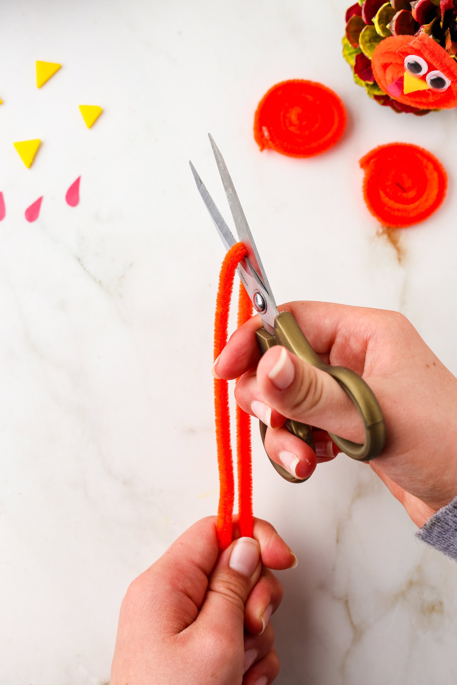 Picture of red pipecleaner being cut in half.