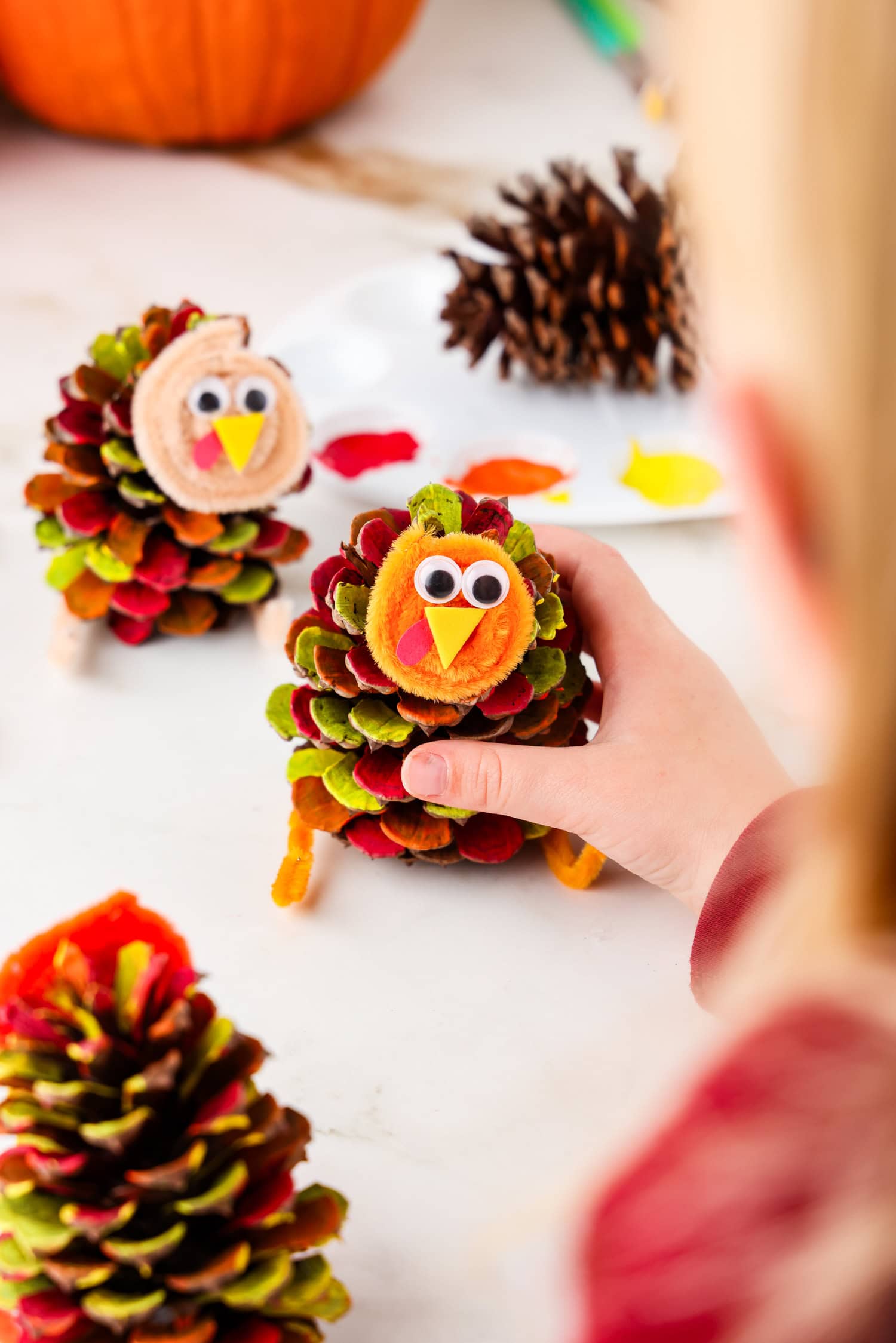 Picture of hand holding completed pinecone turkey.