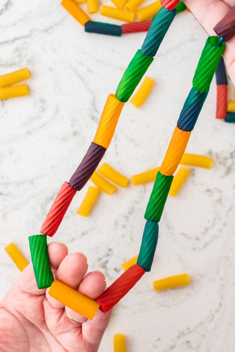 Hand holding a finished pasta necklace made with multicolored dyed pasta pieces strung on yarn.