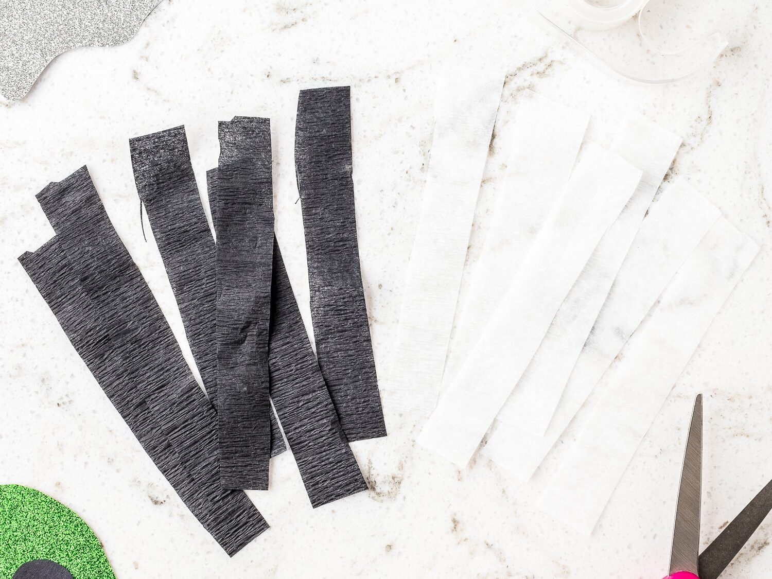 Black and white streamers cut into strips